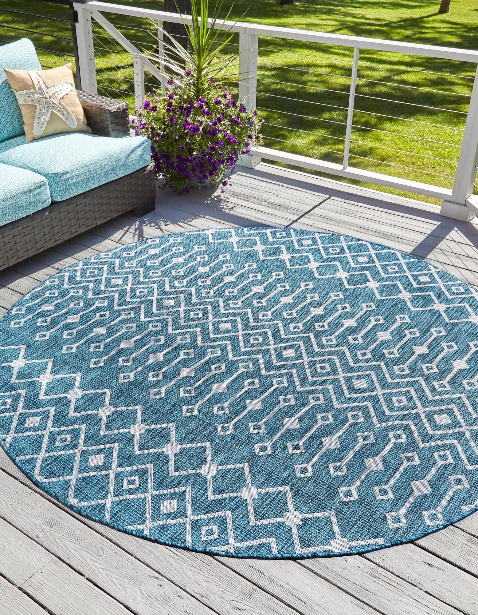 Unique Loom Outdoor Trellis Collection Area Rug - Tribal Trellis (5' 3" Round, Teal/ Ivory)