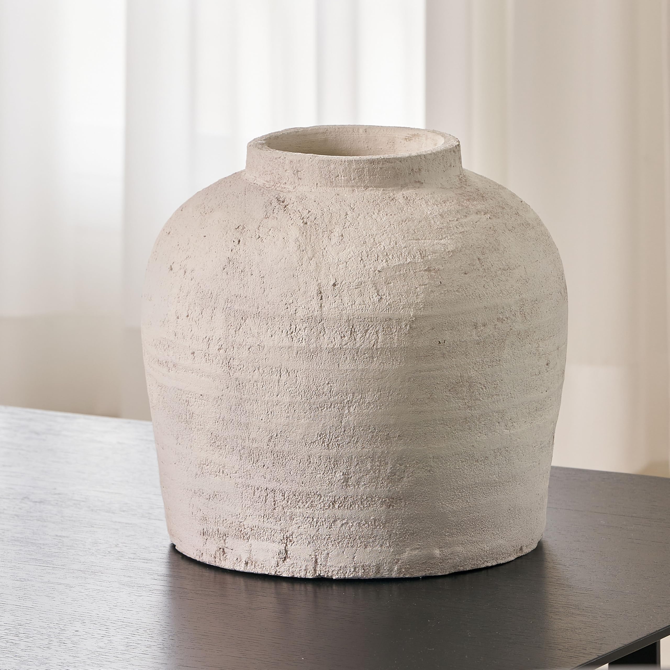 LB2 Large White Ceramic Vase, 11" Tall Zen Style Rustic vase, Terra Cotta Pitcher Vase, Distressed Farmhouse Decor, Pottery Decorative Flower for Home Decor (H 11" X 11")