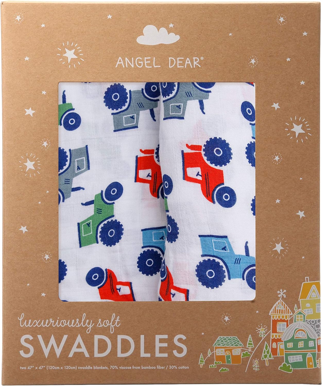 Angel Dear Tractors Swaddle Blanket White 2 Pack Baby