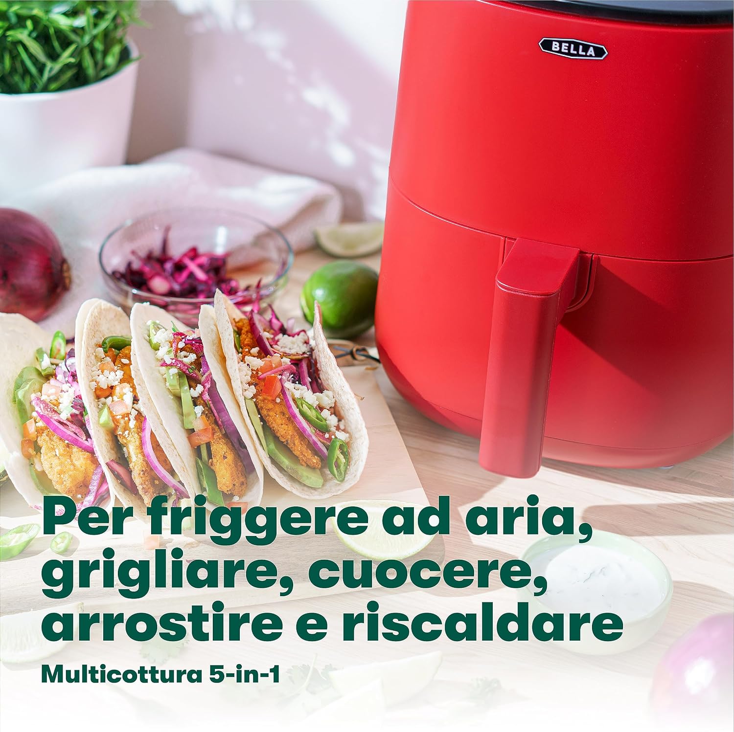 Friggitrice ad aria BELLA Touchscreen da 2,7 L, frittura senza olio, cestello antiaderente e griglia di cottura rimovibili e lavabili in lavastoviglie, rosso opaco Friggitrice ad aria BELLA Touchscreen da 2,7 L, frittura senza olio, cestello antiaderente e griglia di cottura rimovibili e lavabili in lavastoviglie, rosso opaco