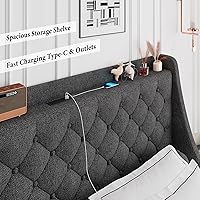 Vista 5 de iPormis Base de cama Queen con 4 cajones de almacenamiento, marco de cama tapizado con puertos tipo C y USB, cabecera de almacenamiento con respaldo