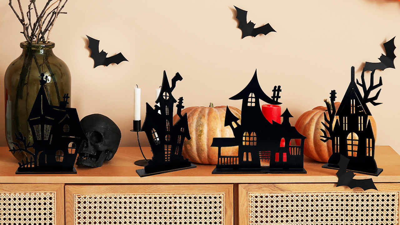 4-Piece Halloween Haunted House Table Centerpieces - Black Wooden Silhouette Signs For Party Decor