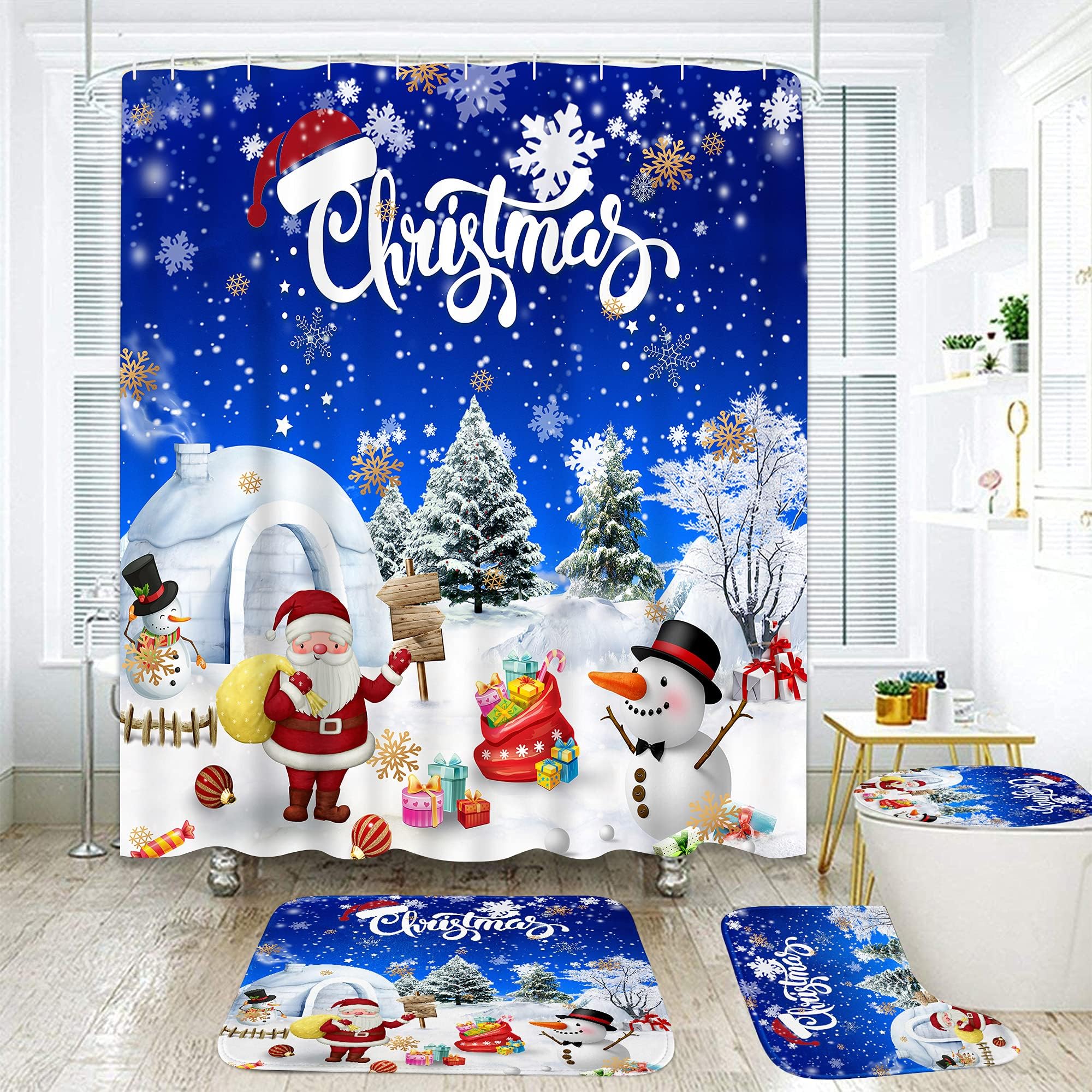 Amazon.com: Christmas Shower Curtain Set with Rugs,Merry Christmas ...