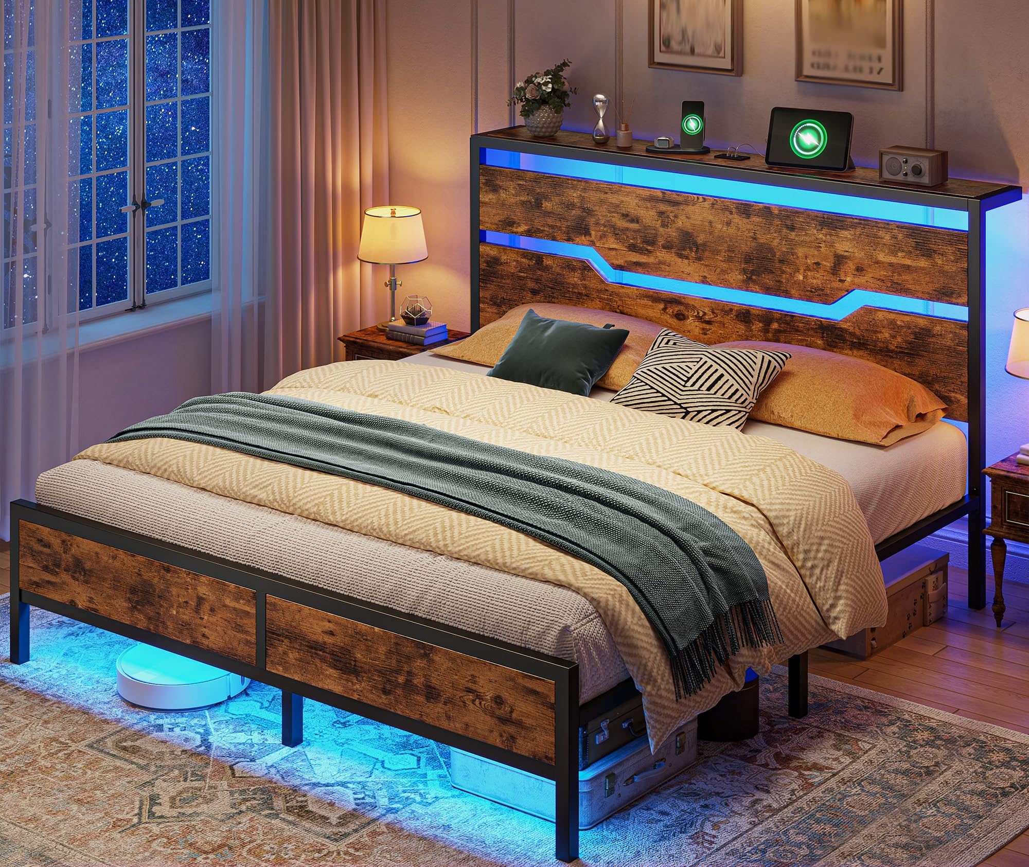 Queen Platform Bed Frame with Headboard and Storage Queen Bed Frame with LED Lights Charging Station Metal Camas