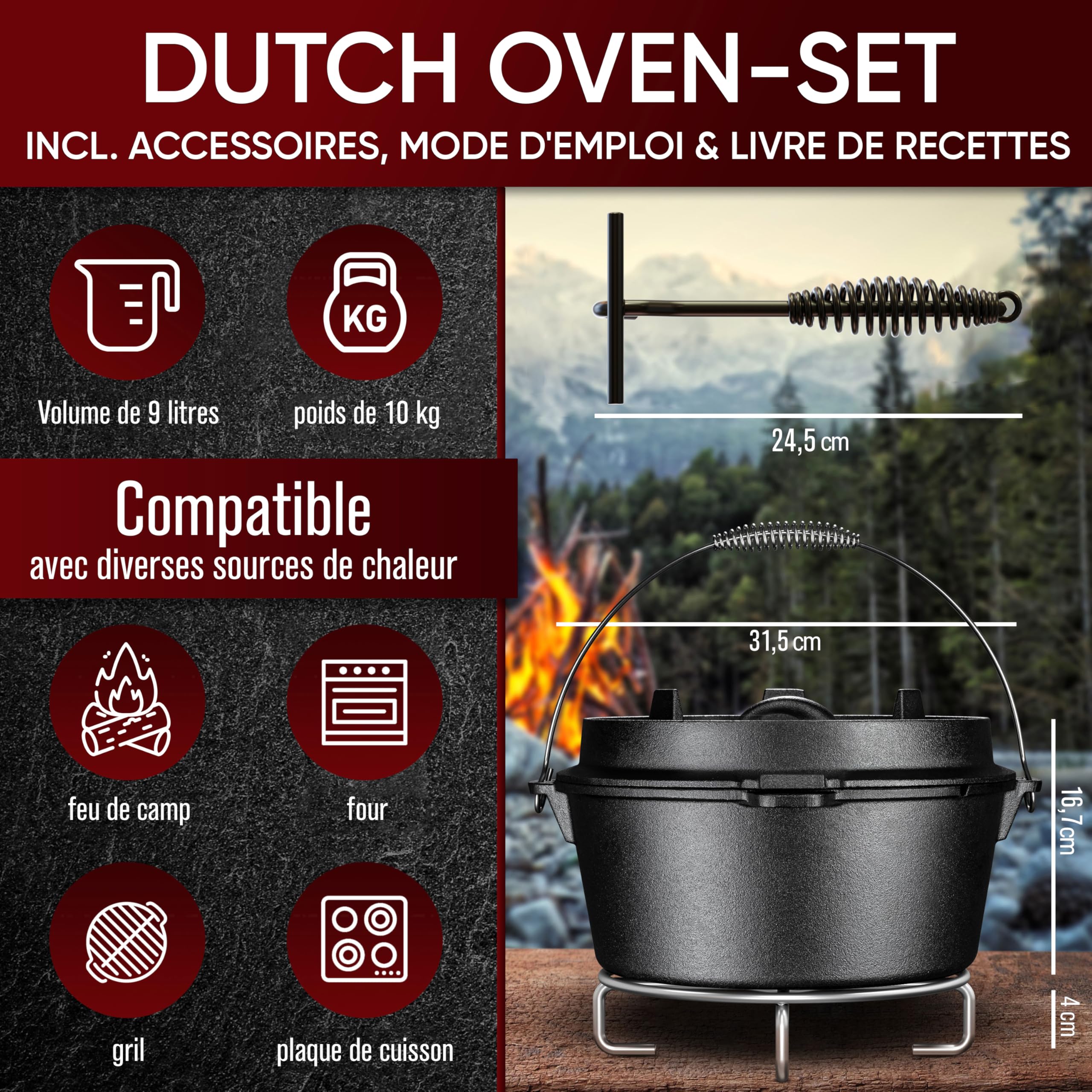 GUSSKÖNIG dutch oven Cocotte Fonte Barbecue - Cocotte Émaillée 9L sans Pieds - Chaudron en fonte - Double Fonction - Marmite fonte-Marmite feu de bois, Inclus : Brosse & Livre de Recettes