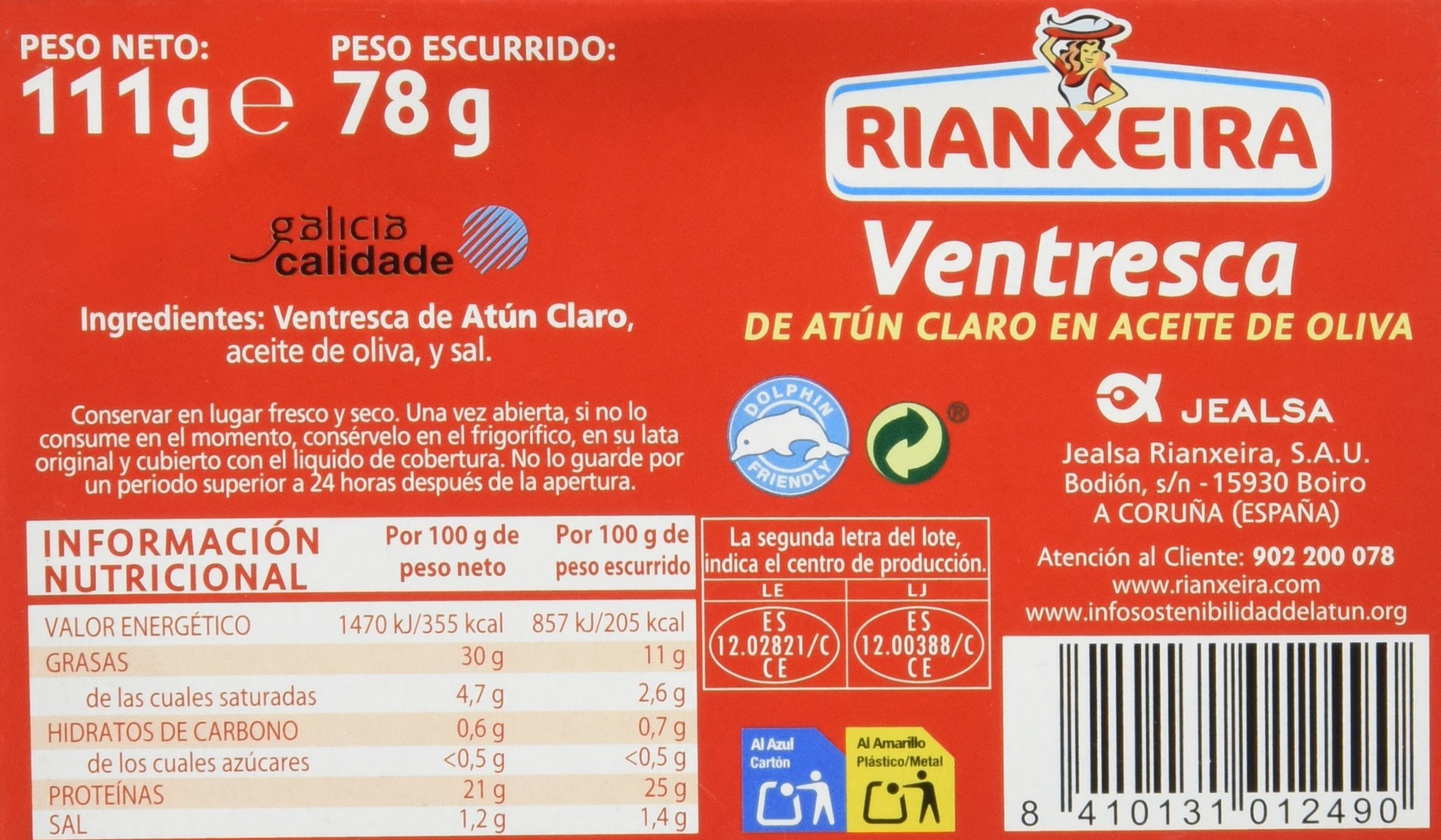 Rianxeira 1254 - Ventresca de Atún Claro en Aceite de Oliva , pack de 5 x 111 gr - Total: 555 gr