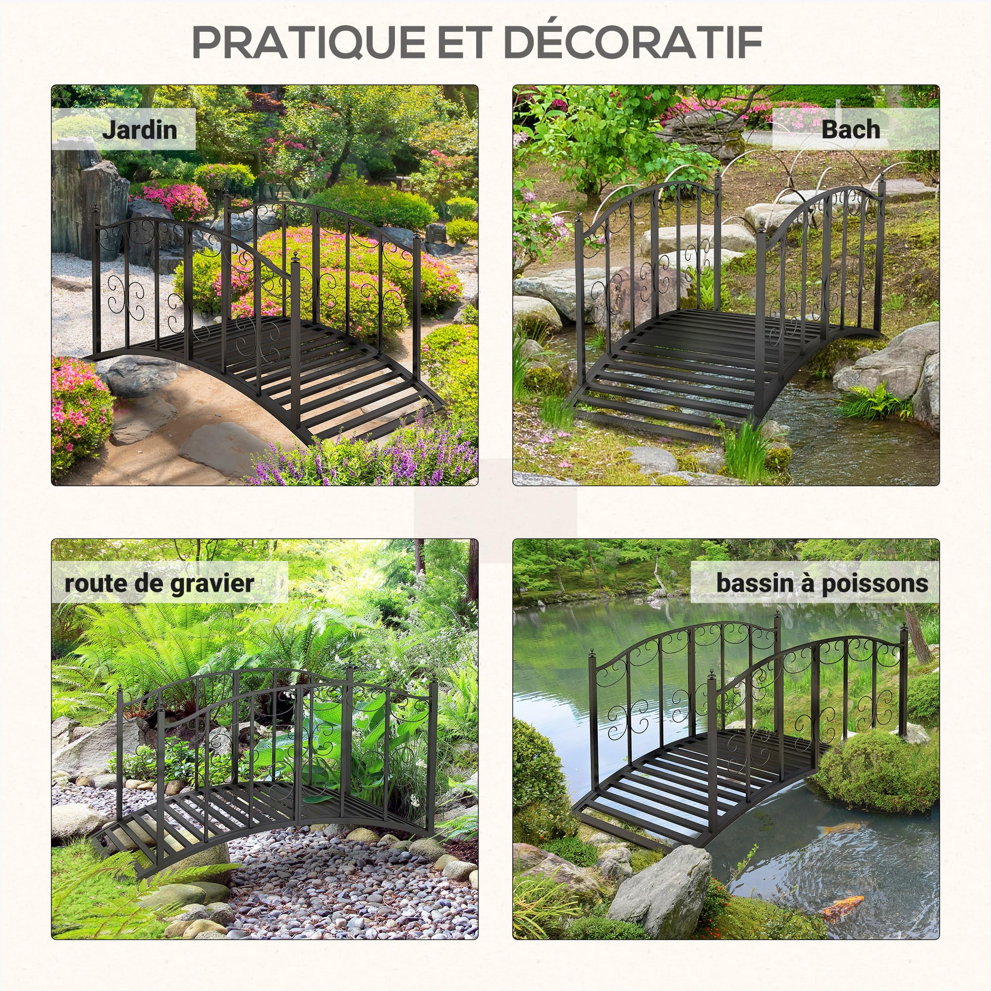 Outsunny Pont de Jardin Pont en Acier avec Garde-Corps latéraux, Charge Maximale 120 KG, décoration de Jardin pour Jardin, Étang, Ruisseau, 119 x 67 x 70 cm, Noir