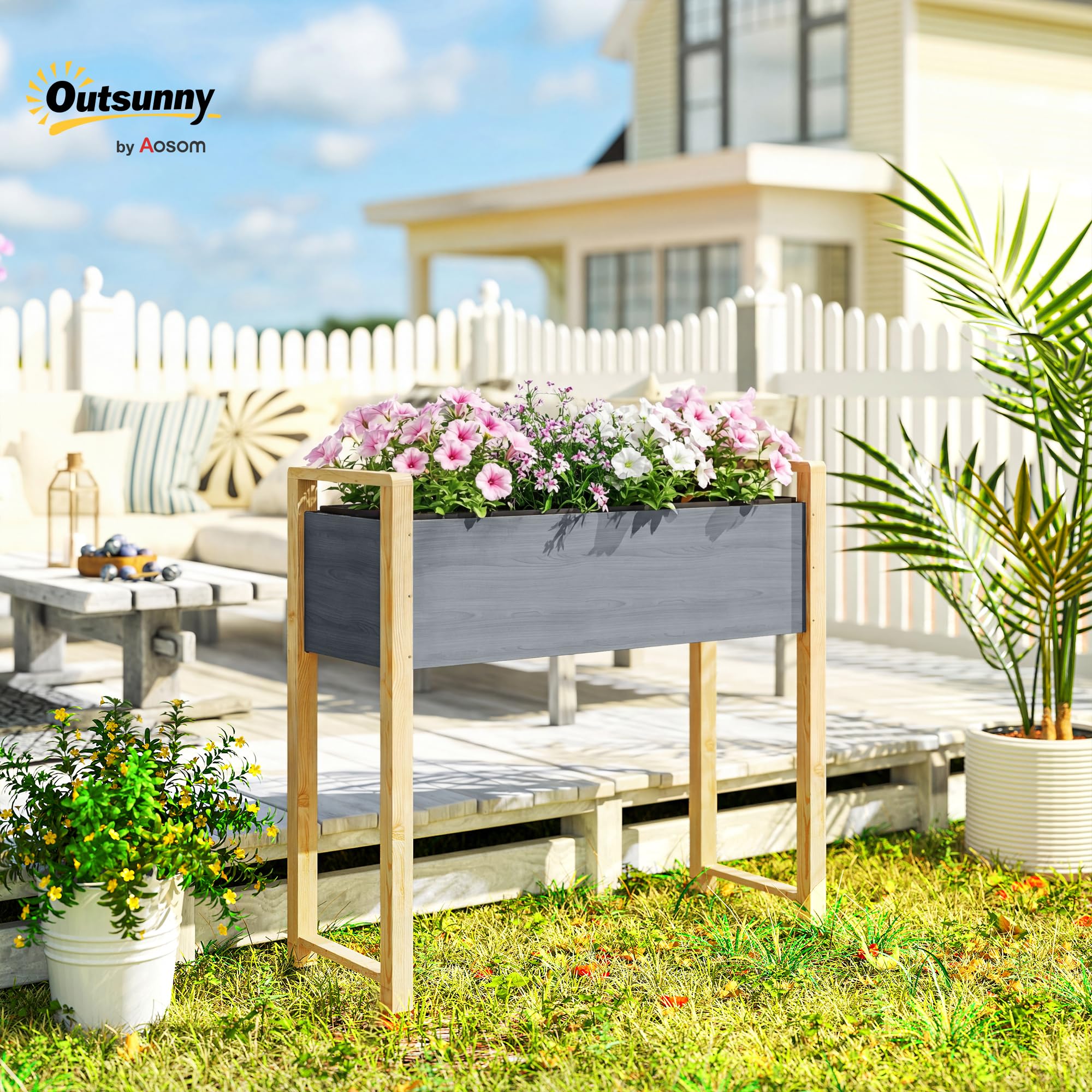 Outsunny Carré Potager avec Pieds en Bois Surélevé 98 x 37 x 90 cm Gris | Jardinière Extérieure, Grande Taille, 4 Trous de Drainage, Tissu Non Tissé, pour Légumes, Fleurs