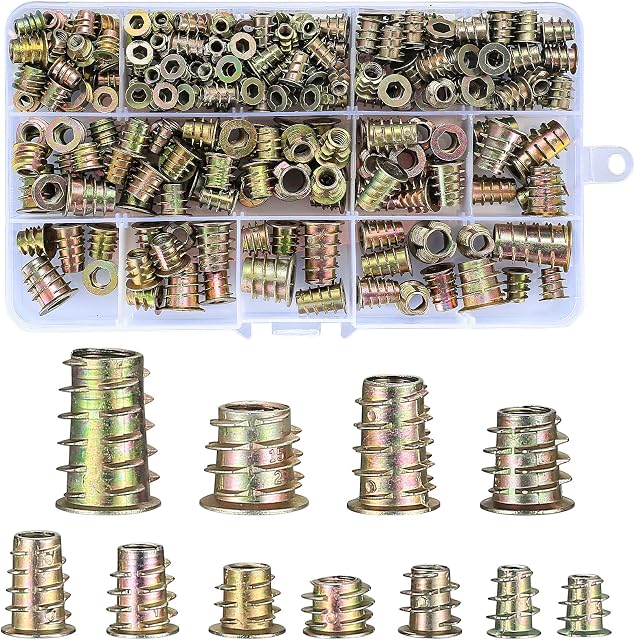 Threaded Insert Nuts, 230 Pcs Zinc Alloy Furniture Hex Socket Drive Screws, Assorted Screw-in Nuts, M4/M5/M6/M8/M10 Flat Head Threaded Rivet Nuts Assortment Kit for Wood Furniture