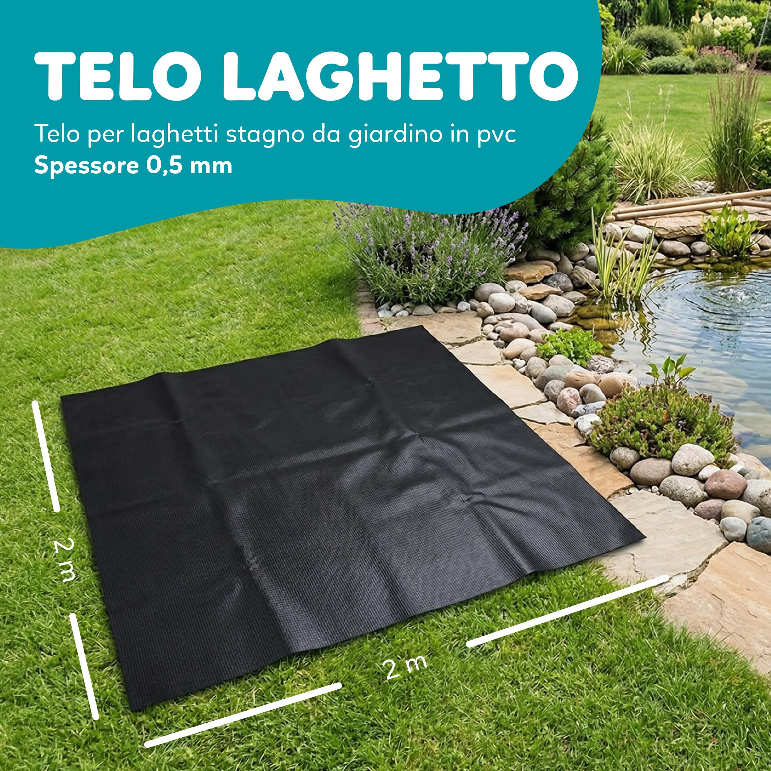 AQPET Telo per laghetti Stagno da Giardino in PVC Rinforzato qualità Made in Germany (2x2 m, 0,5mm)