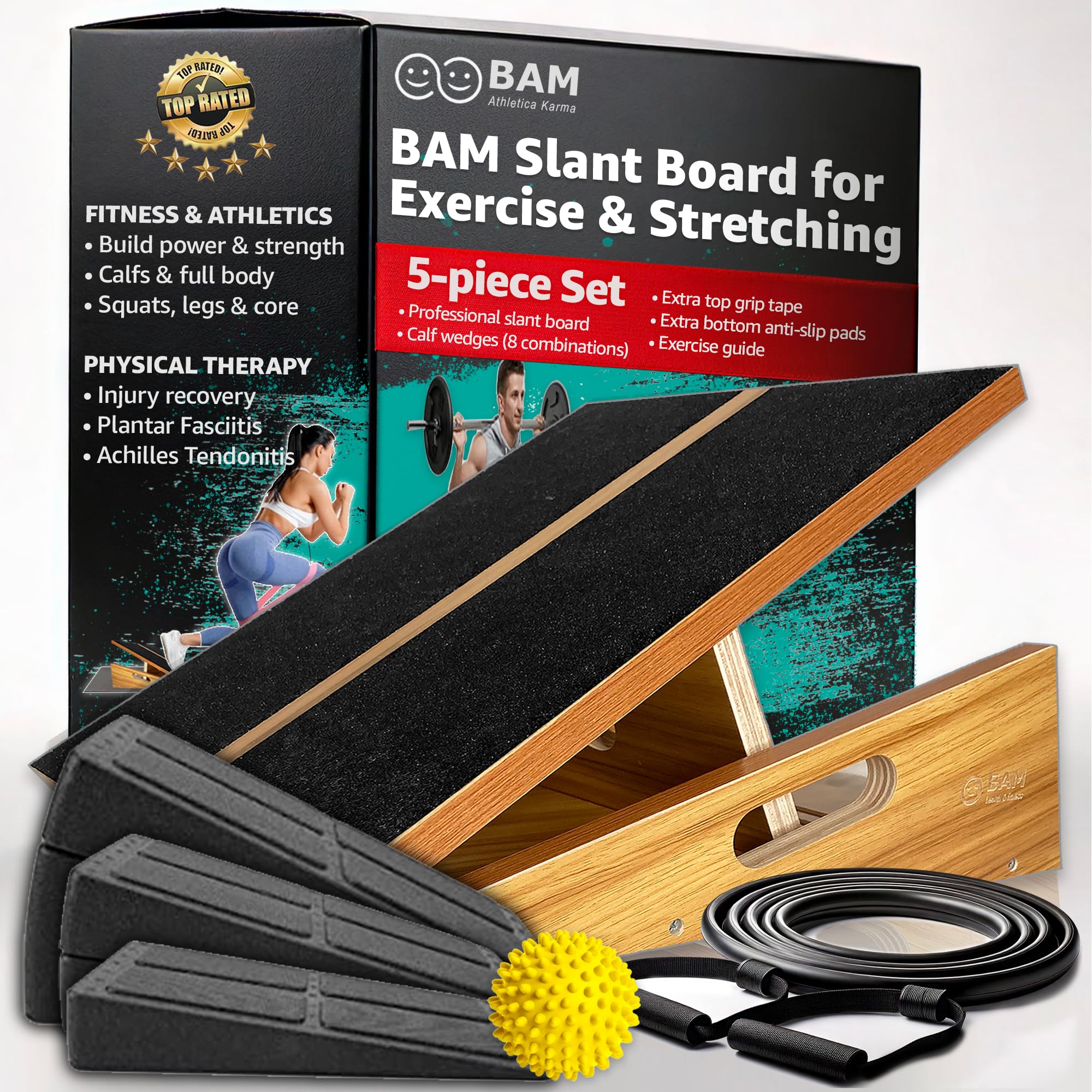 BAM - Tablas inclinadas para ejercicio, tabla inclinada de madera ajustable para estirar pantorrillas, sentadillas, terapia física, fascitis plantar, tendón de Aquiles, rodilla, pie y tobillo, tabla