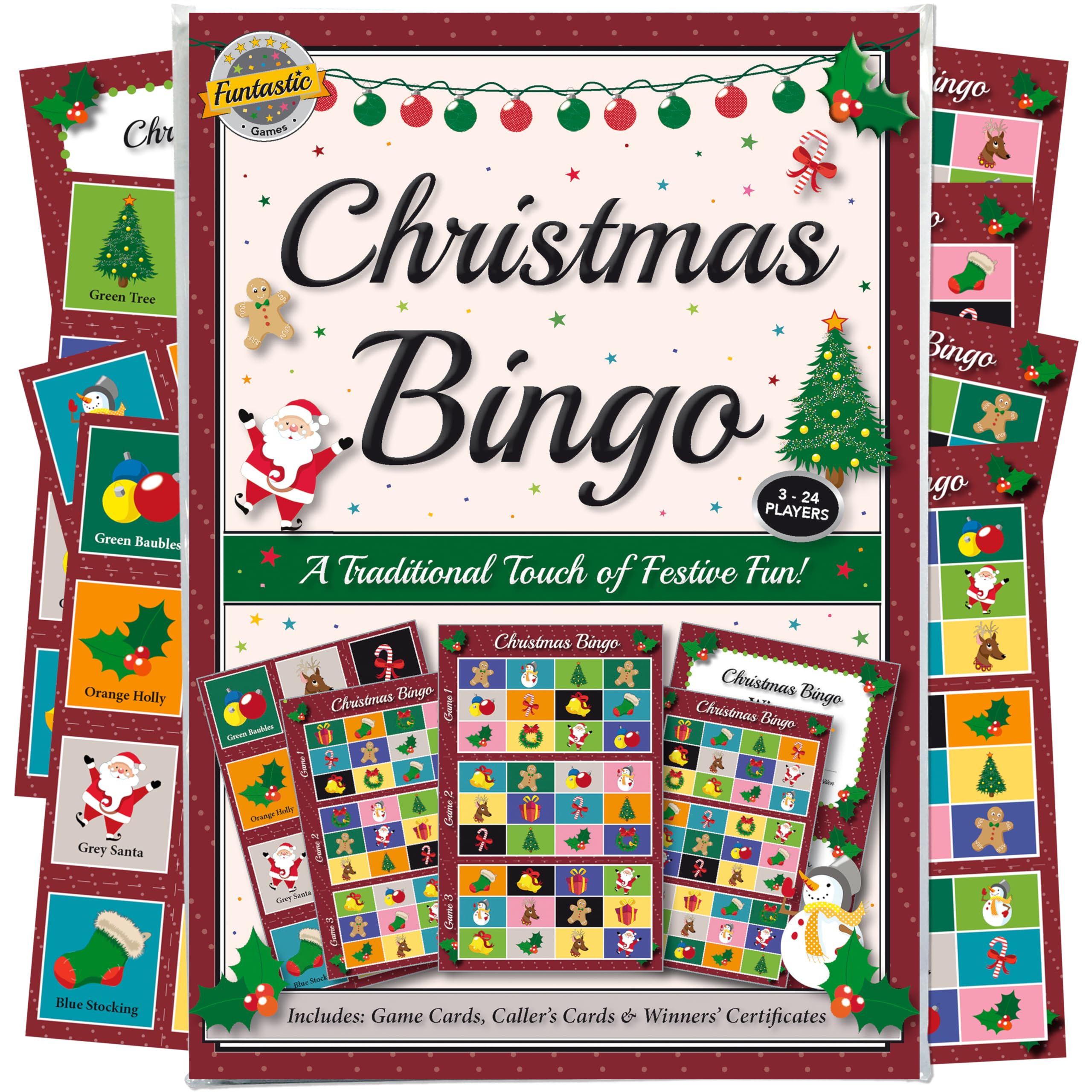 Christmas Party Bingo Game. A fun, entertaining activity idea for family, friends, office parties, clubs, or pubs. Novelty secret Santa gift or stocking/Xmas Eve box filler.