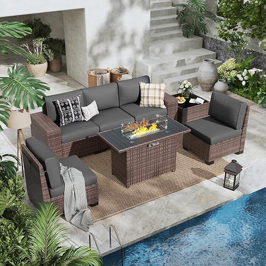 7 Pieces Outdoor Patio Furniture Set with 44" Fire Pit Table Brown Rattan Sectional Sofa Conversation Sets for Balcony Lawn and Garden (Gray, 7 pcs w/Fire Table)