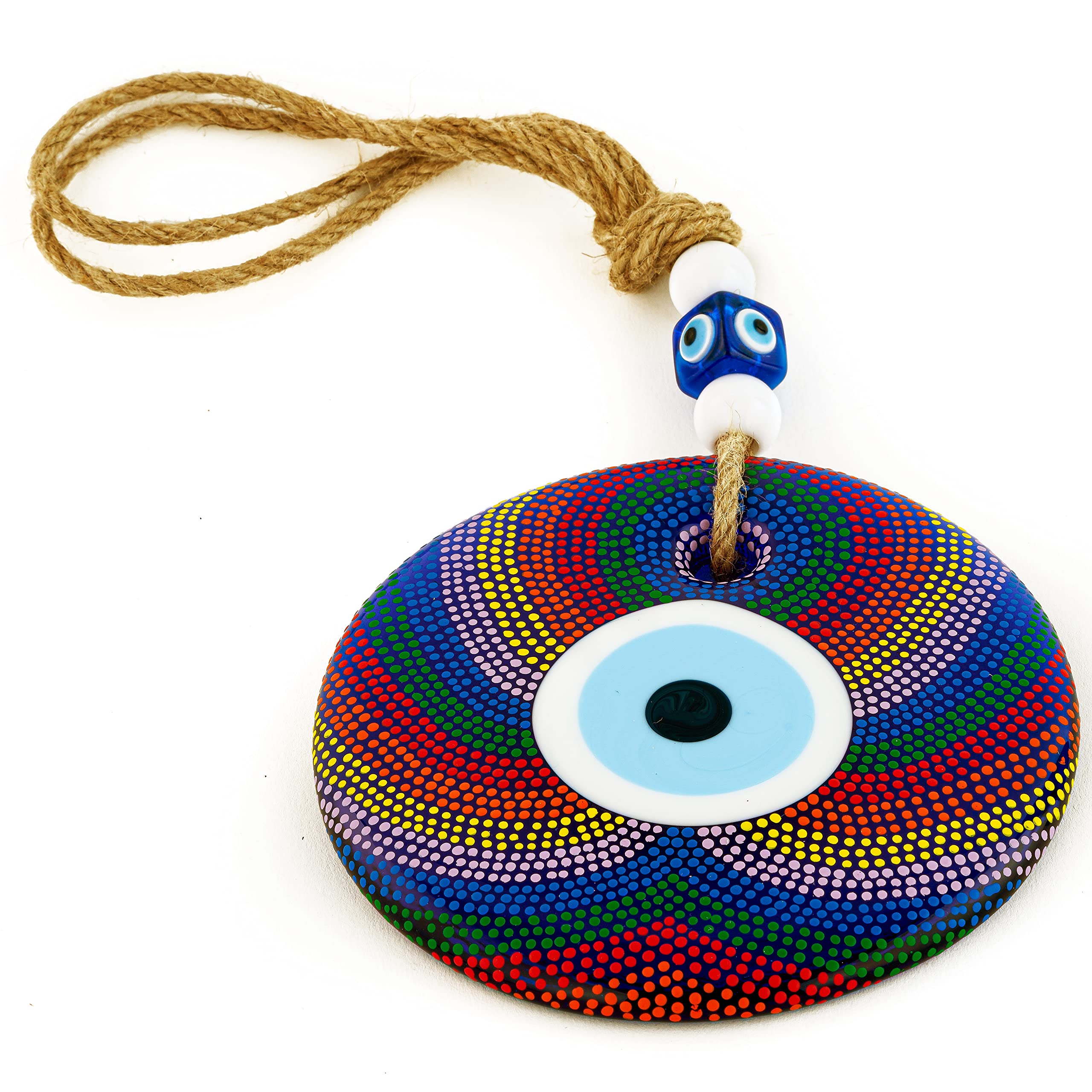 GOLDEN HORNTurkish Evil Eye 5.51''(14cm) Diameter Wall Ornament with Handcrafted Dot Art Mandala Style - Hanging Beads Wall Evil Eye Decor Amulet - Home Protection Decoración de pared de ojo turco