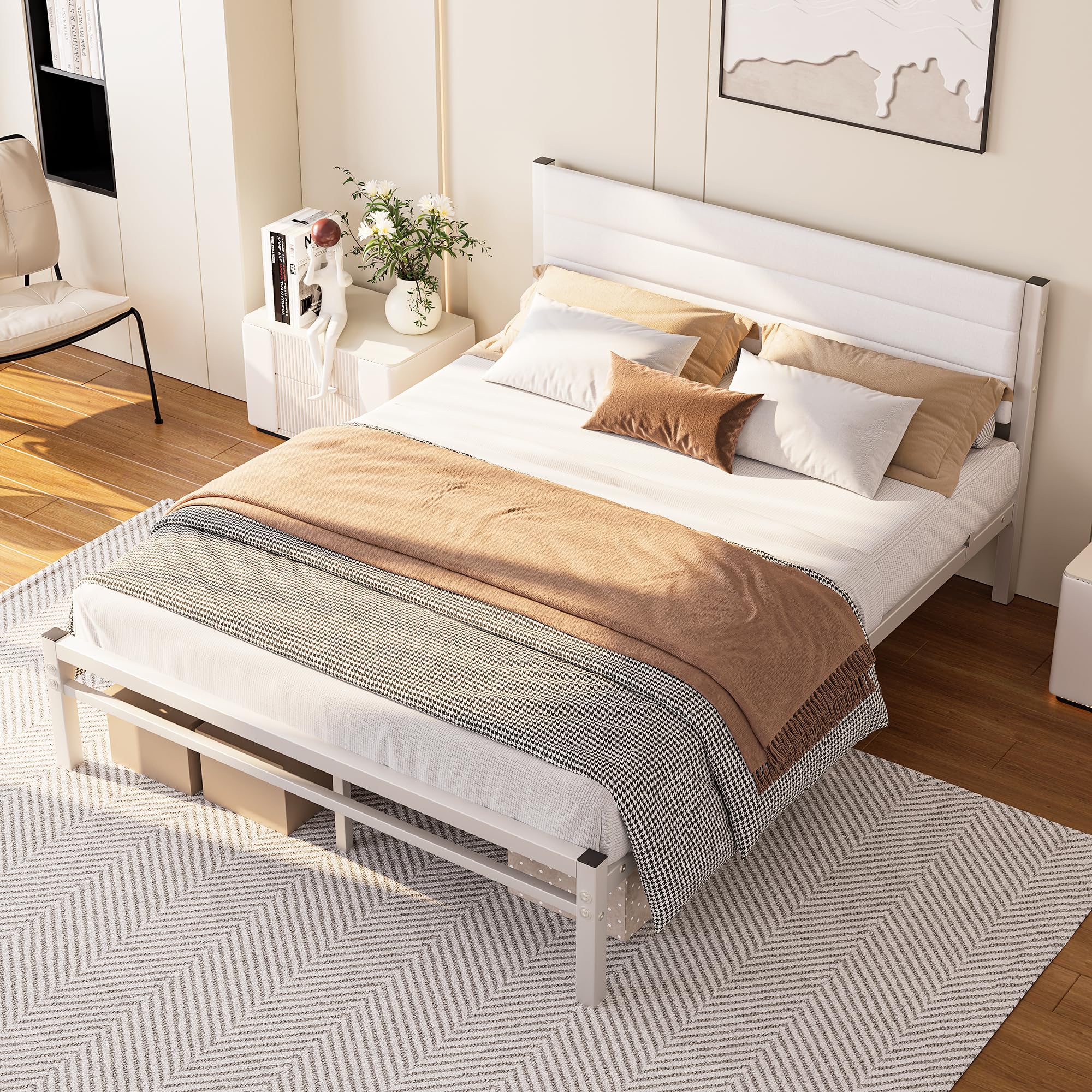 Bett 140x200 mit Stauraum und lattenrost,Bettgestell Metallbett 140x200 Bett mit Kopfteil,Bettrahmen aus Metall,Modern Doppelbett Polsterbett Bed Frame Weiß
