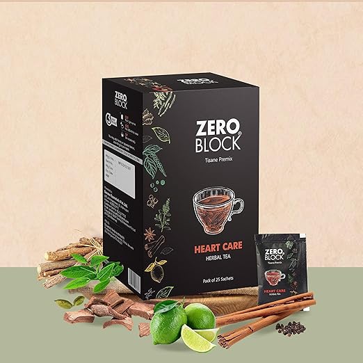 ZERO BLOCK Heart Care Herbal Tea | Tisane Premix | Arjuna, Cinnamon, Ashwagandha, Mulethi, Lemon, Ginger Green Tea & more (1 Pack, 1)