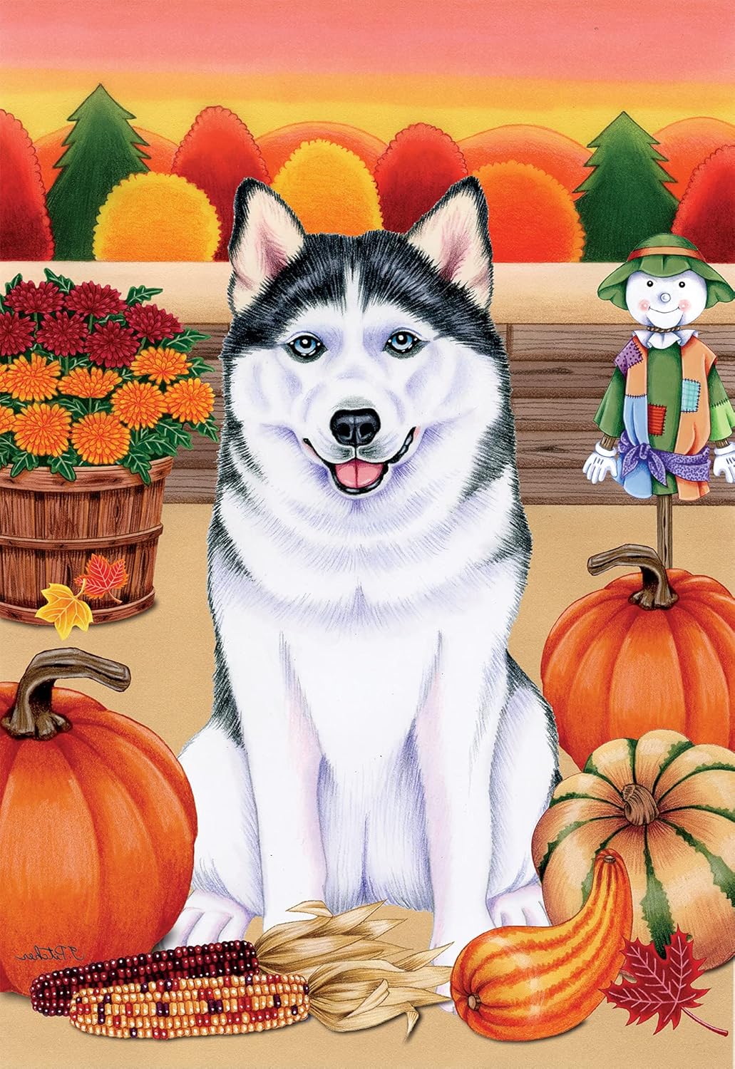 Siberian Husky Black/White - Best of Breed Autumn Harvest House Flag