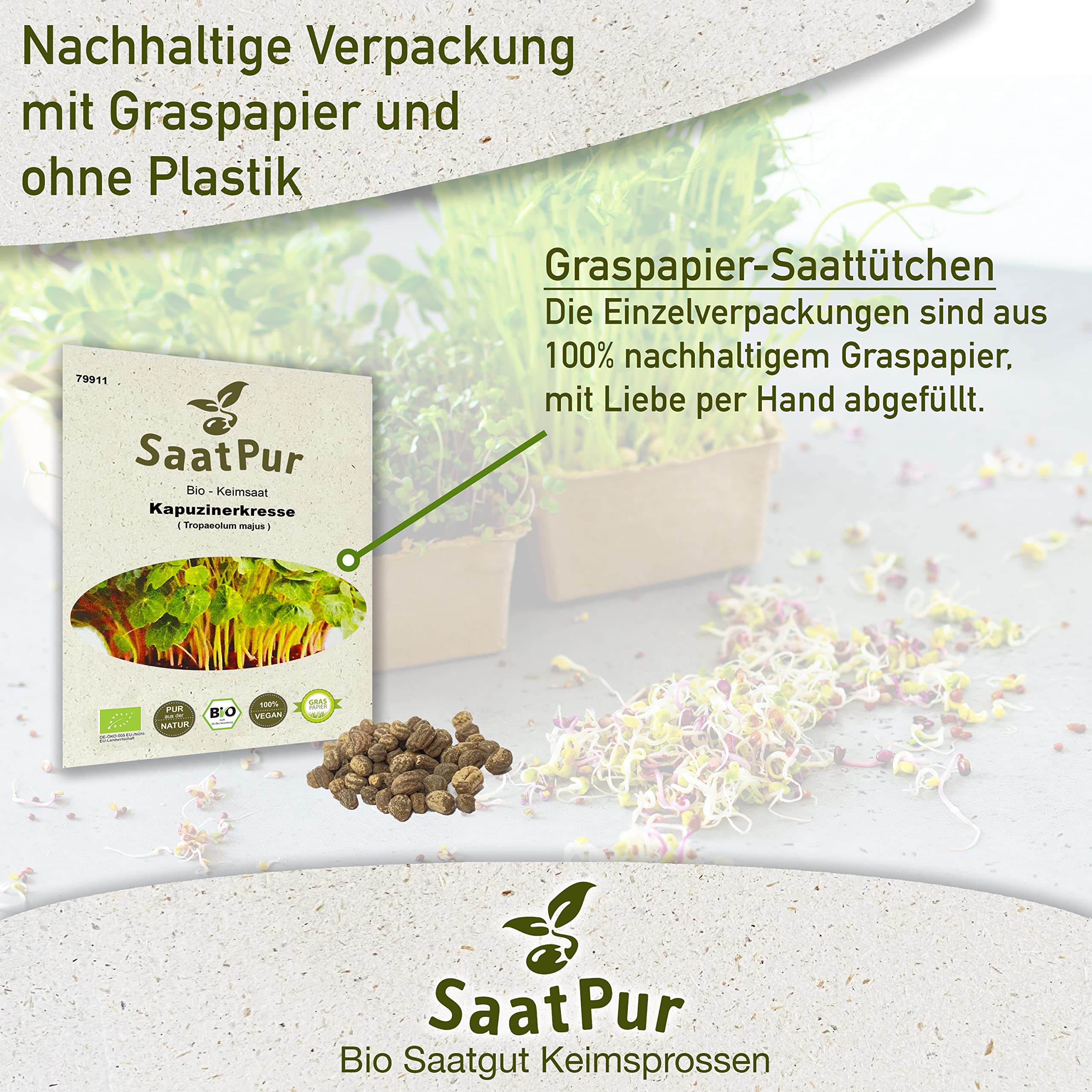 Bio Sprossen Samen Kapuzinerkresse - 100% Bio Keimsprossen - Microgreens mit hoher Keimkraft - Kleines Tray mit 20 Portionstüten je 20g