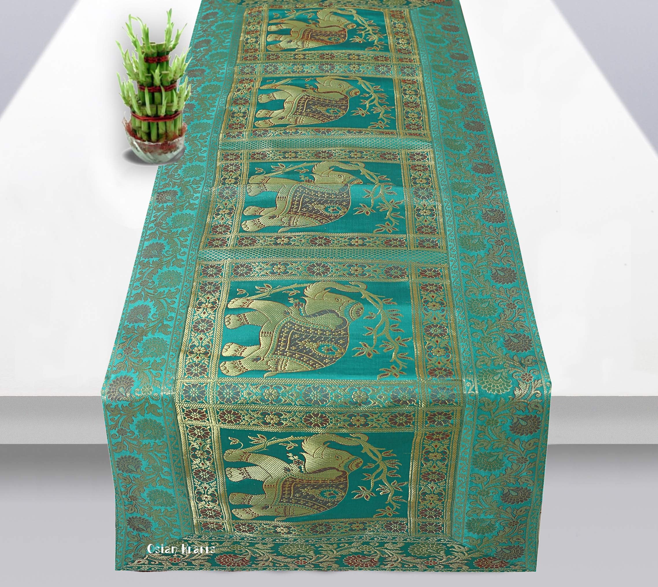 Christmas Gift Sea Green Gold Banarsi Brocade Silk Table Runner for Dining Table 6 & 4 Seater Elephant Centre Table Top Decor Rectangle | 60x16 Inches (152x40 cm)