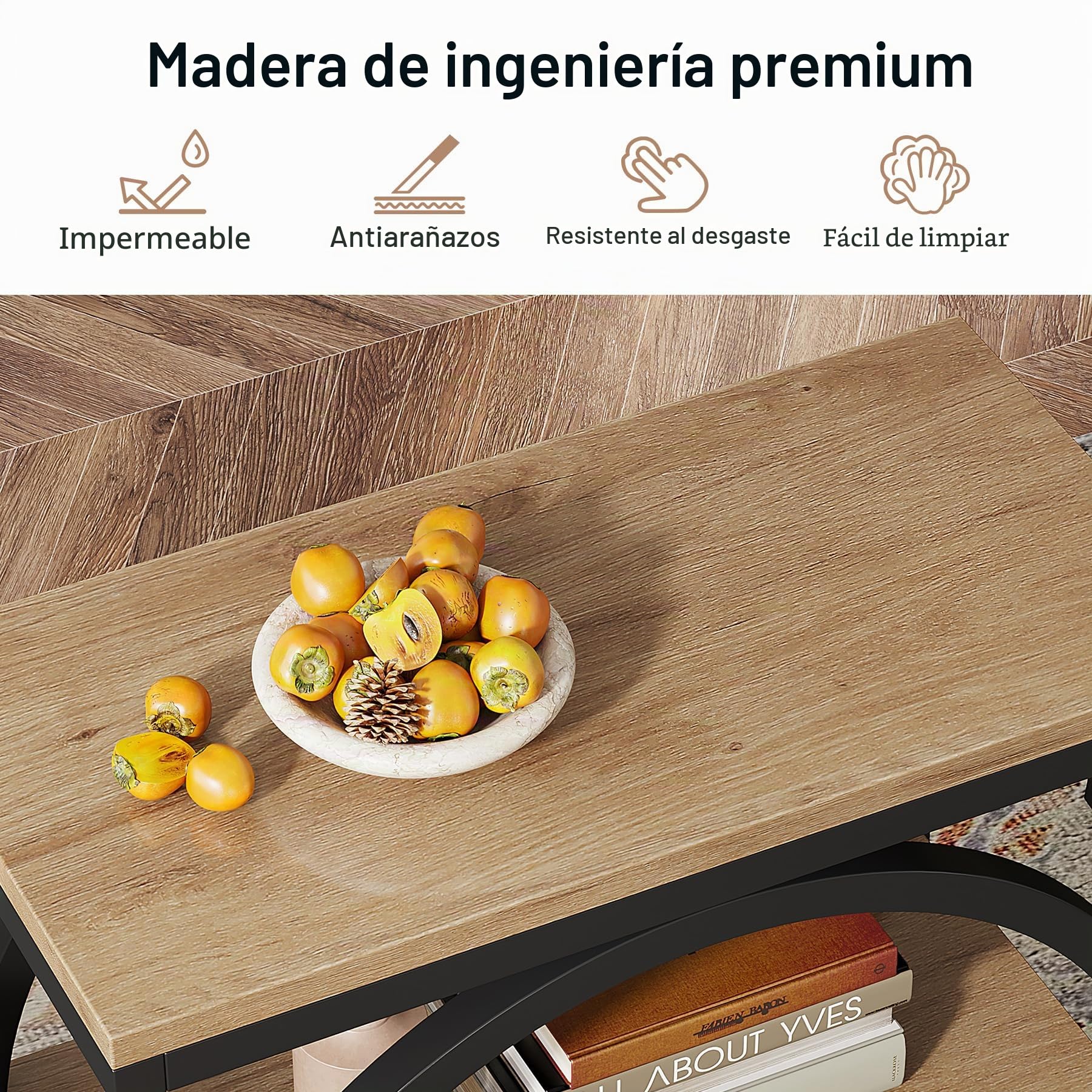 Tribesigns Mesa auxiliar con 3 estantes de almacenamiento, mesa de sofá industrial con marco de metal redondo para sala de estar, mesita de noche de madera diseñada para dormitorio, roble