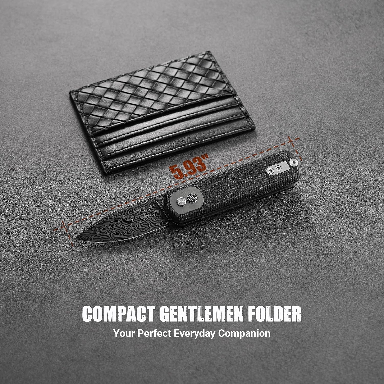 Vosteed Corgi Pup Small Flipper Pocket Knife for Men Women Gifts, 2.37" Damascus Blade EDC Folding Knife, Patented Trek Lock Gentleman's Pocket Knife with Clip - Micarta Handle with Titanium Insert