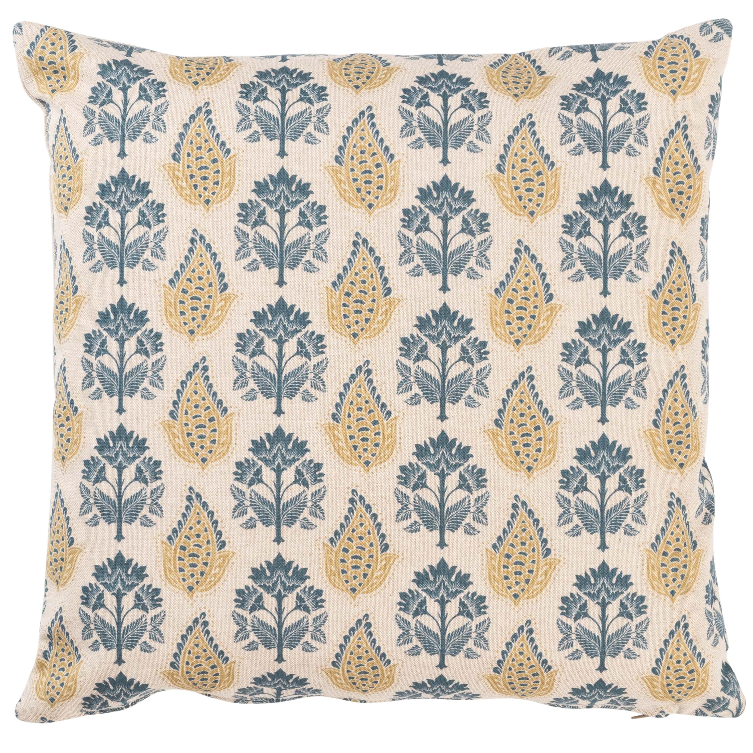 Linen Loft Blue Cotswold Countryside Motif Cushion Cover. Cottagecore Indigo And Gold Floral & Leaf Geometric Botanical Design. 17X17 Cushion Cover Only