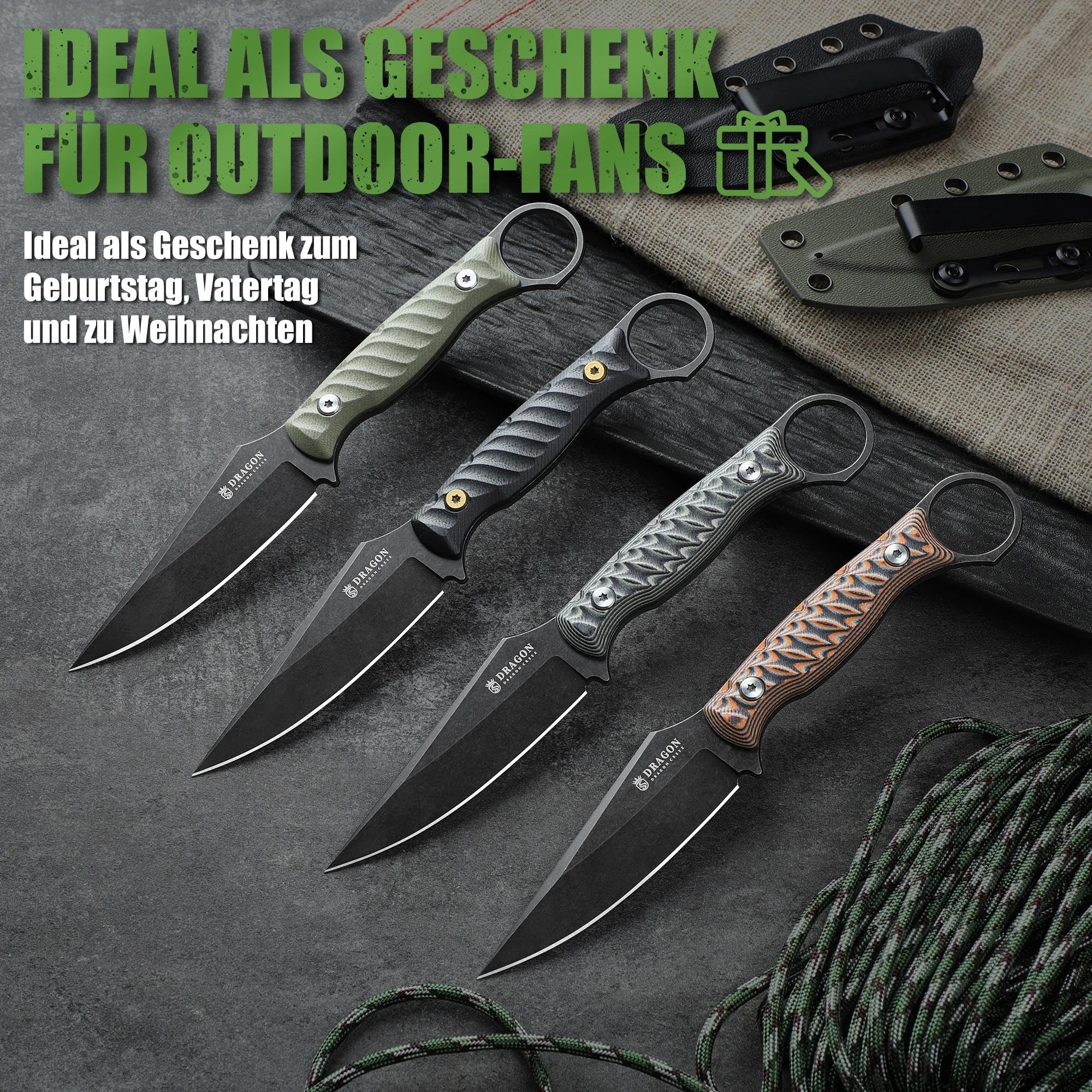 Dragon Creek Feststehendes EDC-Messer, ausgestattet mit Kydex-Scheide und Taschenclip Die einteilige Vollkonstruktion eignet sich für Outdoor, Camping, und Wandern(Grey)