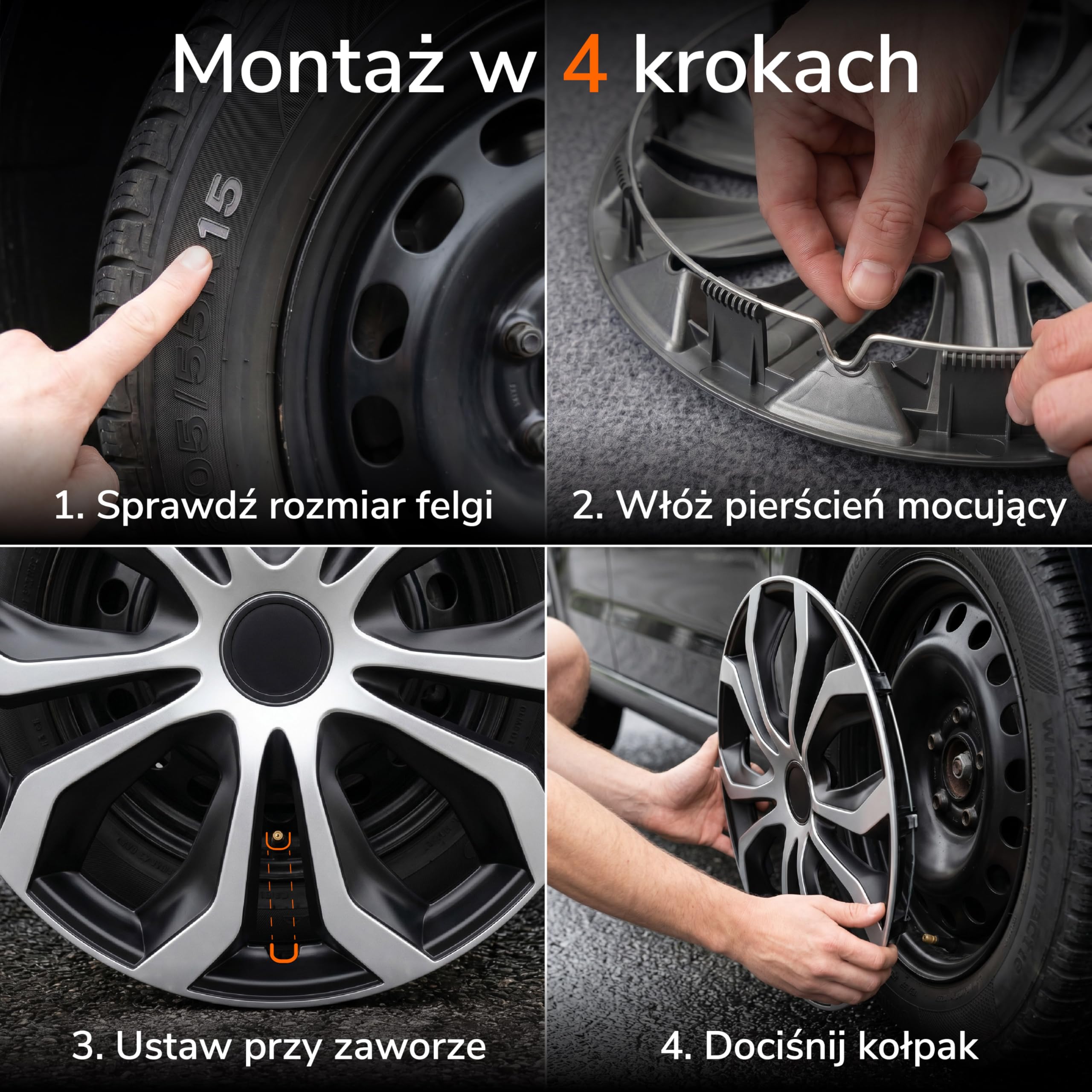 Upgrade4cars Kołpaki na koła 15 cali, czarne, srebrne, zestaw 4 sztuk, uniwersalne kołpaki do felg stalowych, wytrzymałe kołpaki z tworzywa sztucznego ABS, osłona felg samochodowych R15