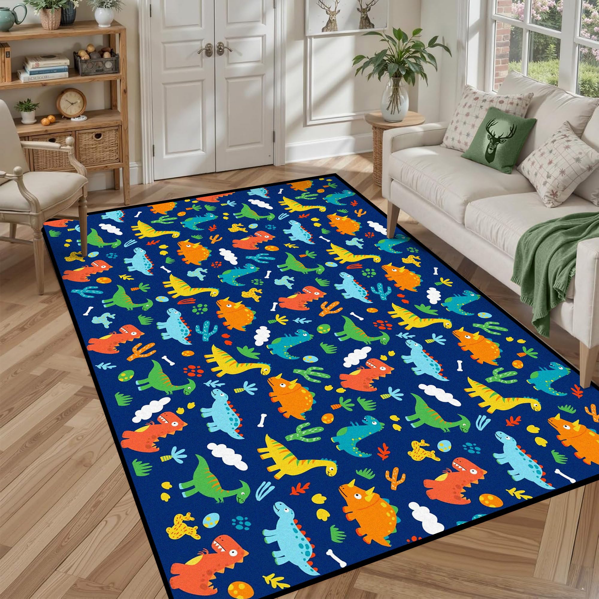 FUYEUN 5' x 7' Dinosaurs Rug Blue Area Rugs for Kids Boys Girls Living Room Bedroom Dormitory Washable Floor Mat Cartoon Throw Rug Carpet Room Decor