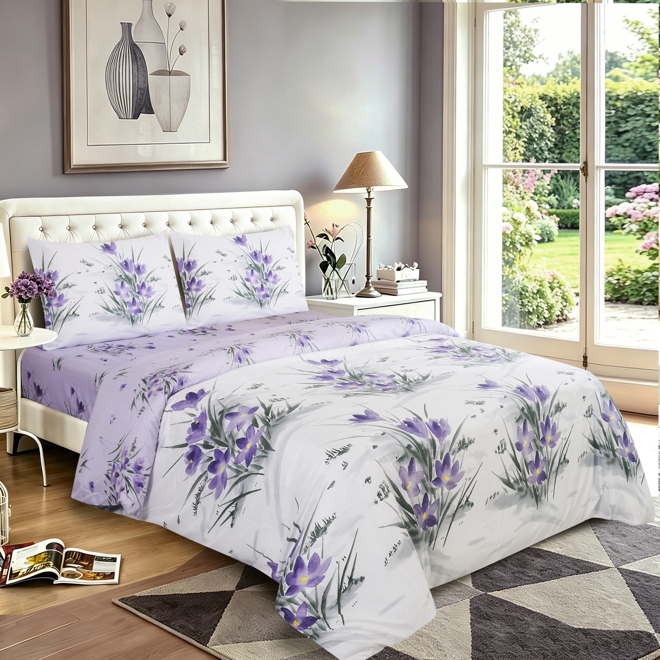 Hadi London Luxury 4 Piece Bedding Set – Duvet Cover, Fitted Sheet & 2 Pillowcases | Wrinkle-Free, Fade Resistant – Floral & Check Designs — image 1
