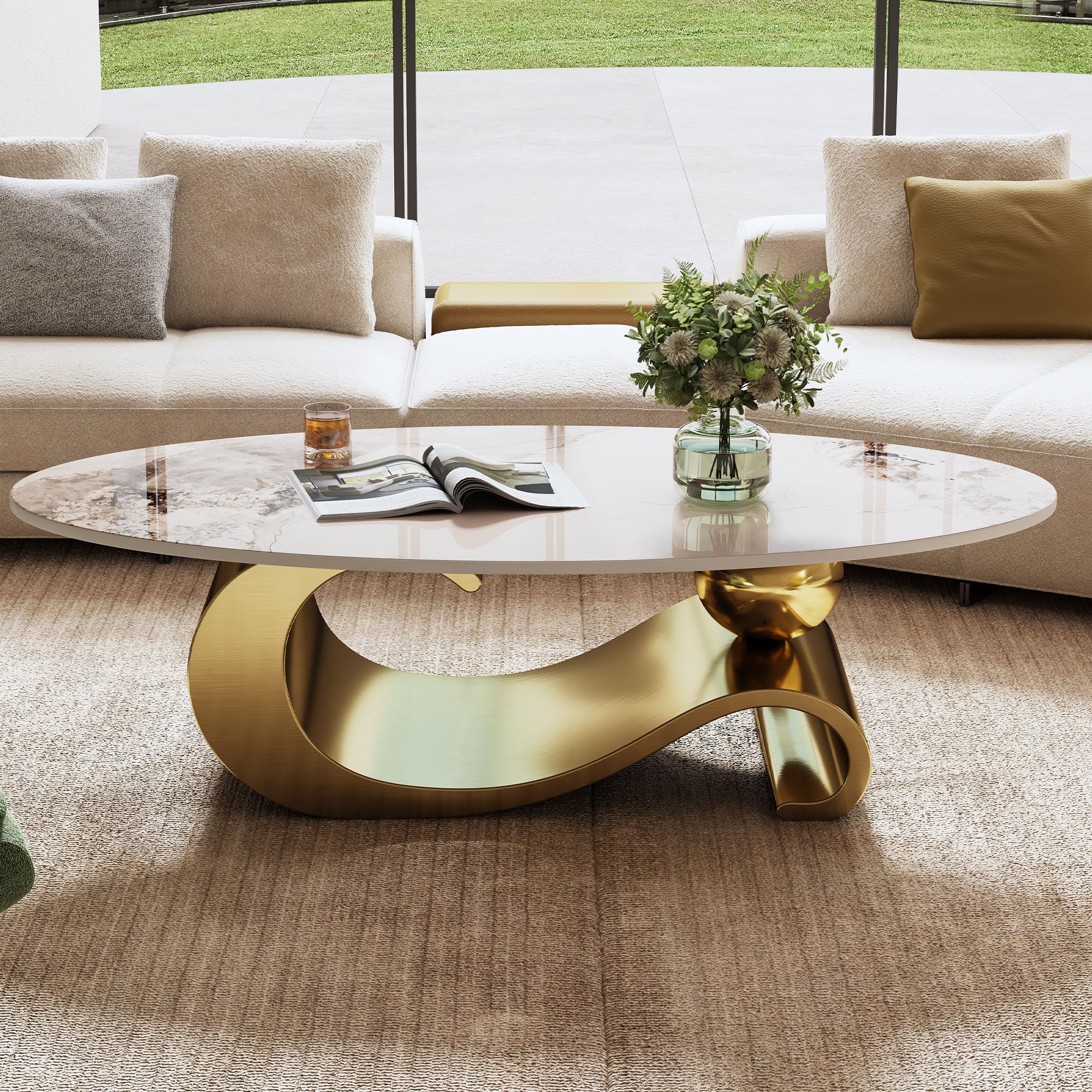 Marble Grain Coffee Table with Gold Stainless Steel Pedestal,Rectangular Coffee Tables,Oval Living Room Table with Faux Marble Top &amp; Luxury Legs,Sintered Stone Cocktail Center Table,49.2 inch