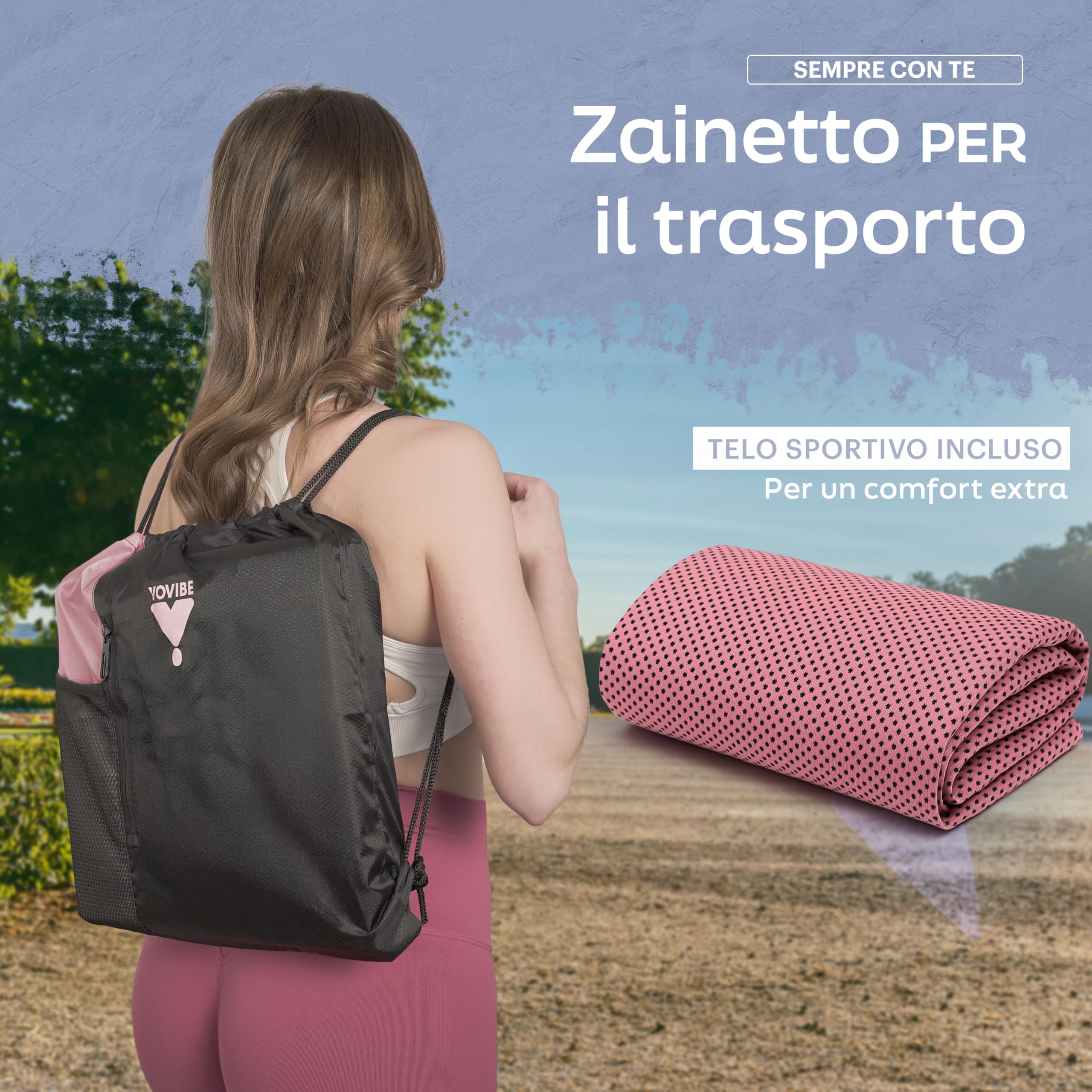YoVibe - Tappetino Yoga Antiscivolo Professionale con Telo Fitness e Sacca Sportiva - Tappetino Pilates Pieghevole Antiscivolo e Impermeabile 183x60 cm