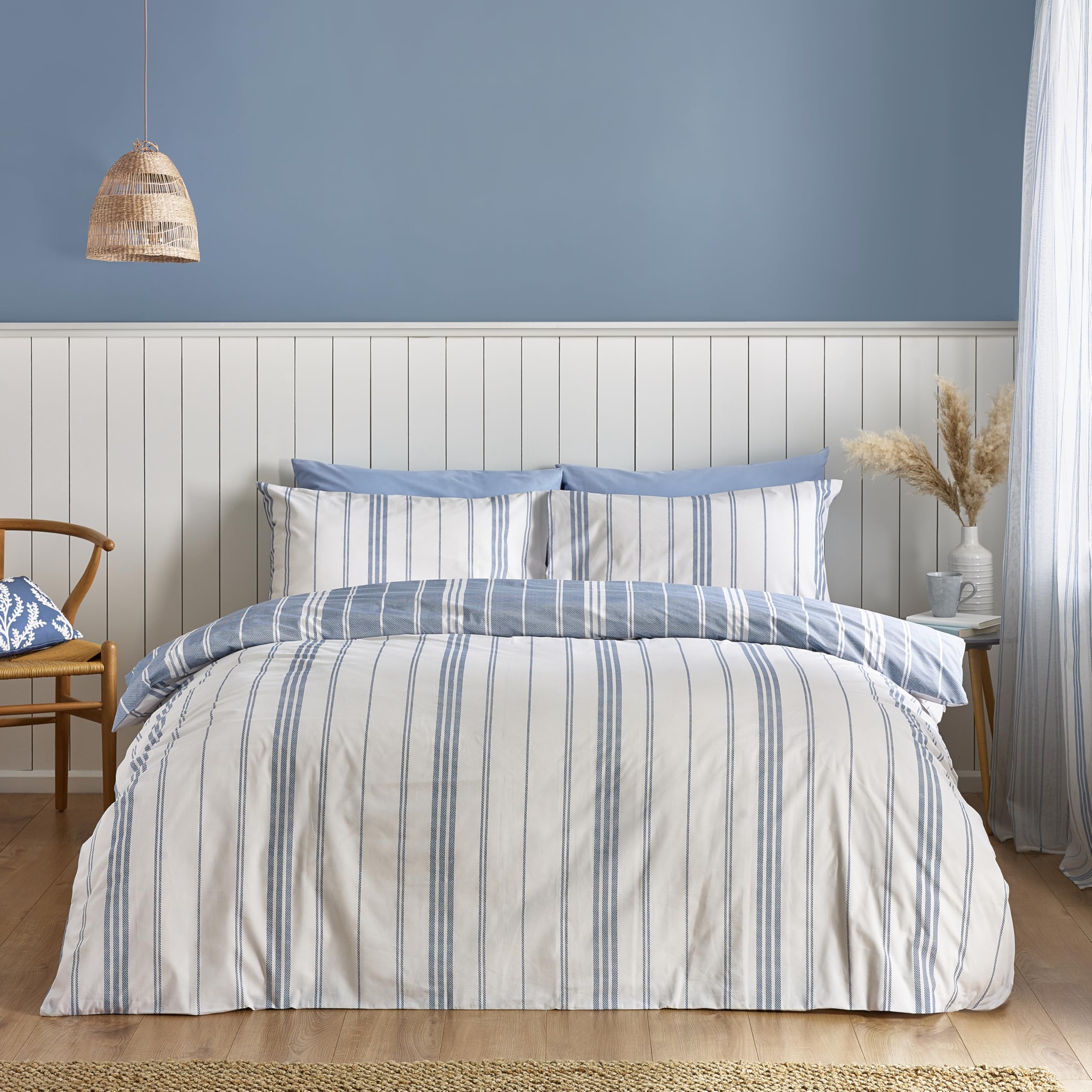 Catherine Lansfield Blue Harbour Stripe Reversible Super King Duvet Cover Set With Pillowcases