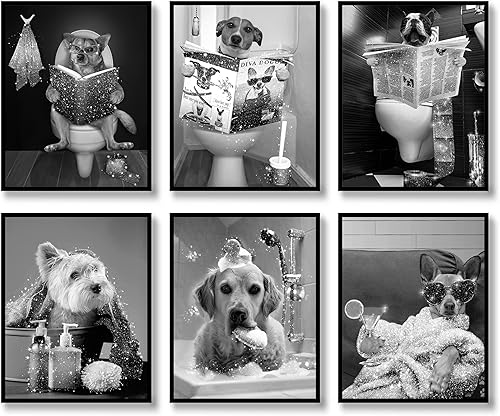 Miniatura 1 de YAODAYAO Glam - Juego de 6 lienzos artísticos con purpurina para baño, póster de lienzo en blanco y negro, moderno y divertido, decoración de pared