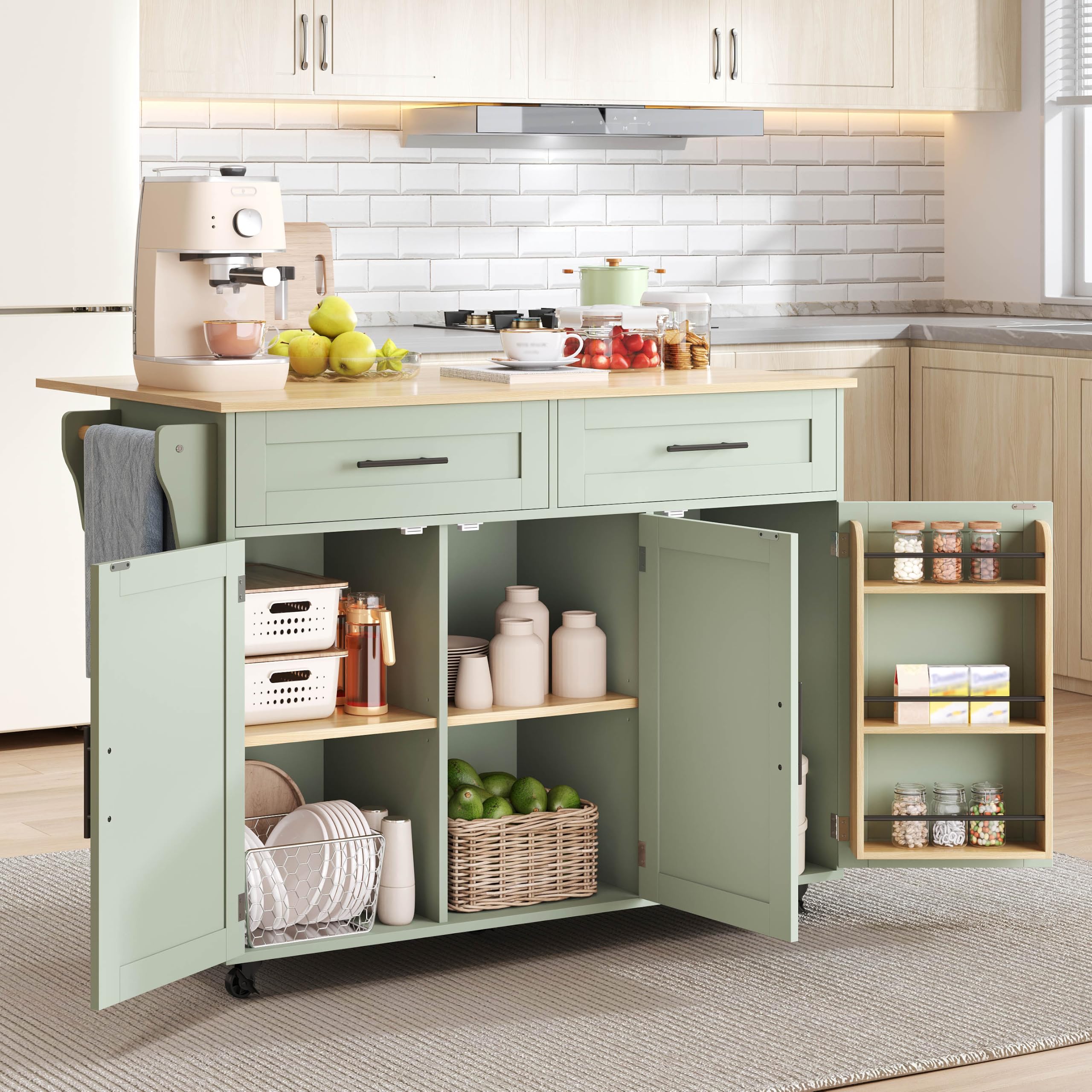Generisch Carrito de comedor verde con encimera de madera maciza plegable