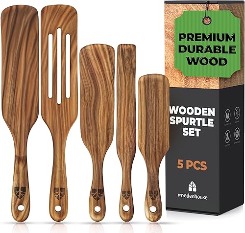 Juego de 5 utensilios de cocina de madera para cocinar, utensilios de madera con soporte para cucharas, utensilios de cocina antiadherentes para