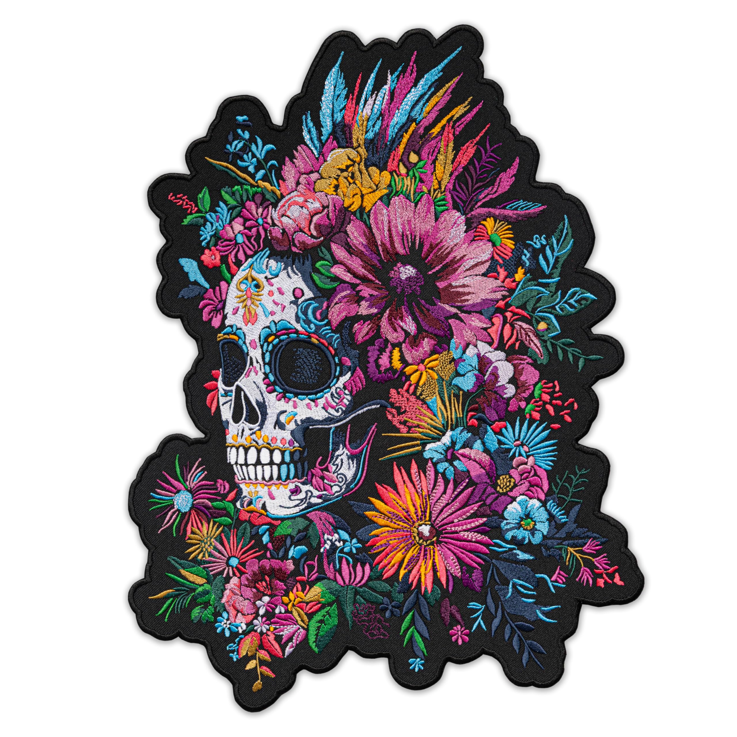 Grand patch thermocollant brodé crâne floral haute densité
