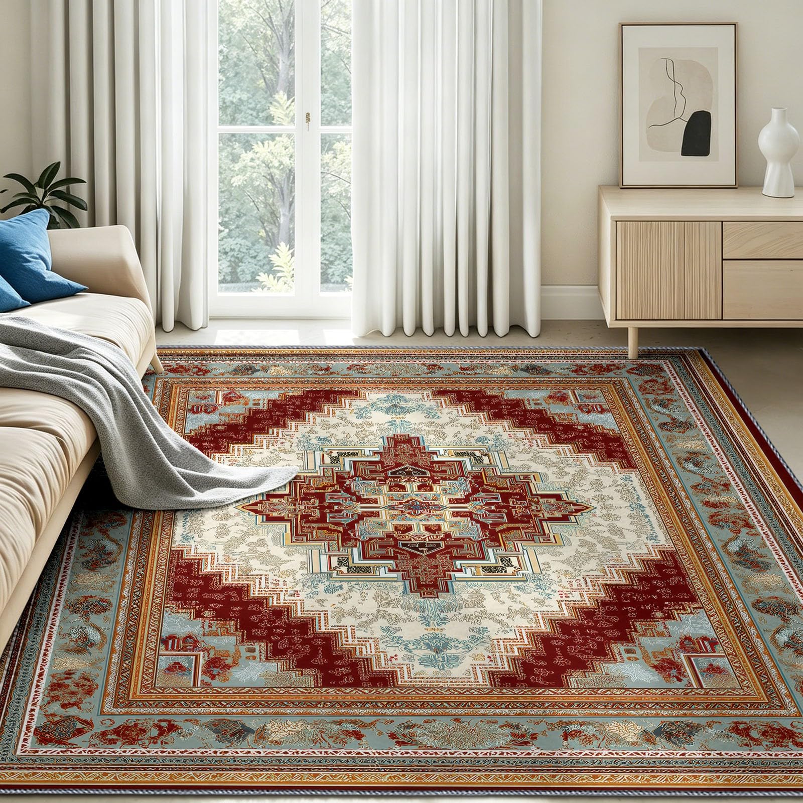 Dywan do salonu, sypialni, 160 x 230 cm chiński orientalny, można prać w pralce antypoślizgowy krótki włos - geometryczny wzór do jadalni, przedpokoju