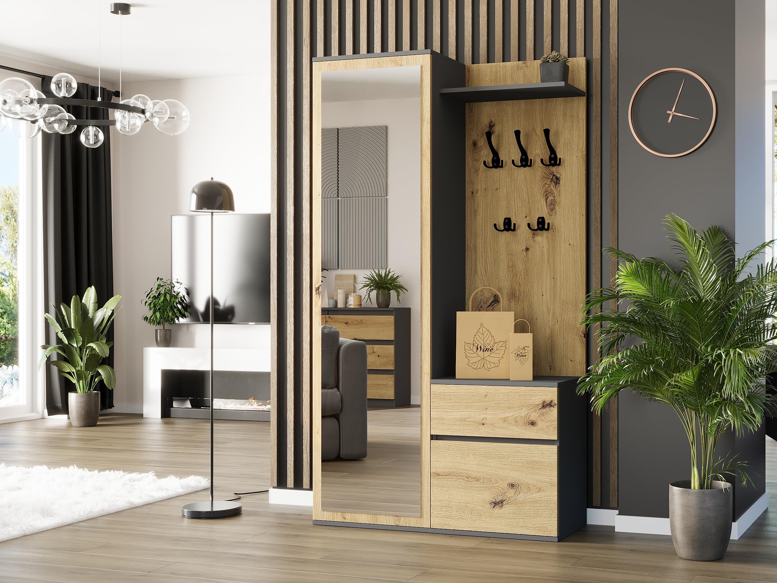 Flurgarderoben-Set Artisan Eiche 100 cm 3-teilig Schrank mit Spiegel Garderobenpaneel mit Ablage Schuhschrank mit Schublade Modern V-5