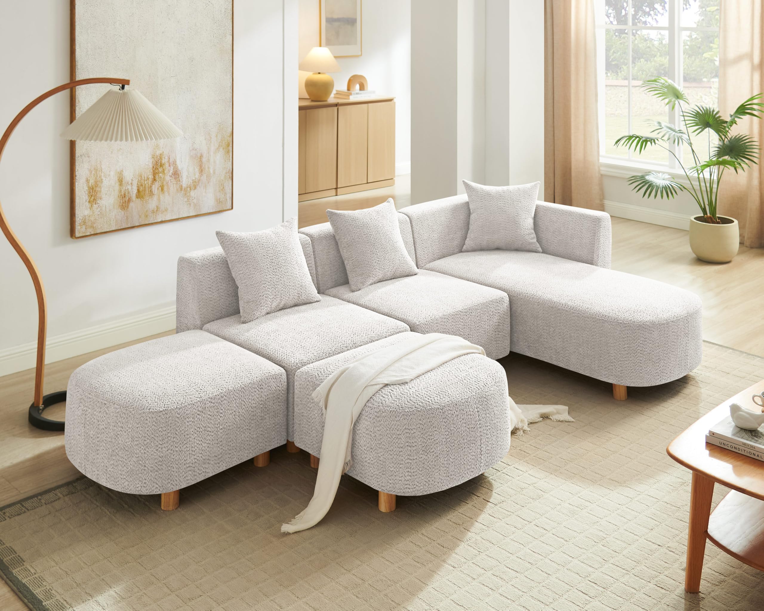 VANOMi 109.84" Modular Sectional Sofa with 3 Pillows, Convertible 5-Seater Comfy Boucle Cloud Couch with Ottoman, Modern Sectional Sofas for Living