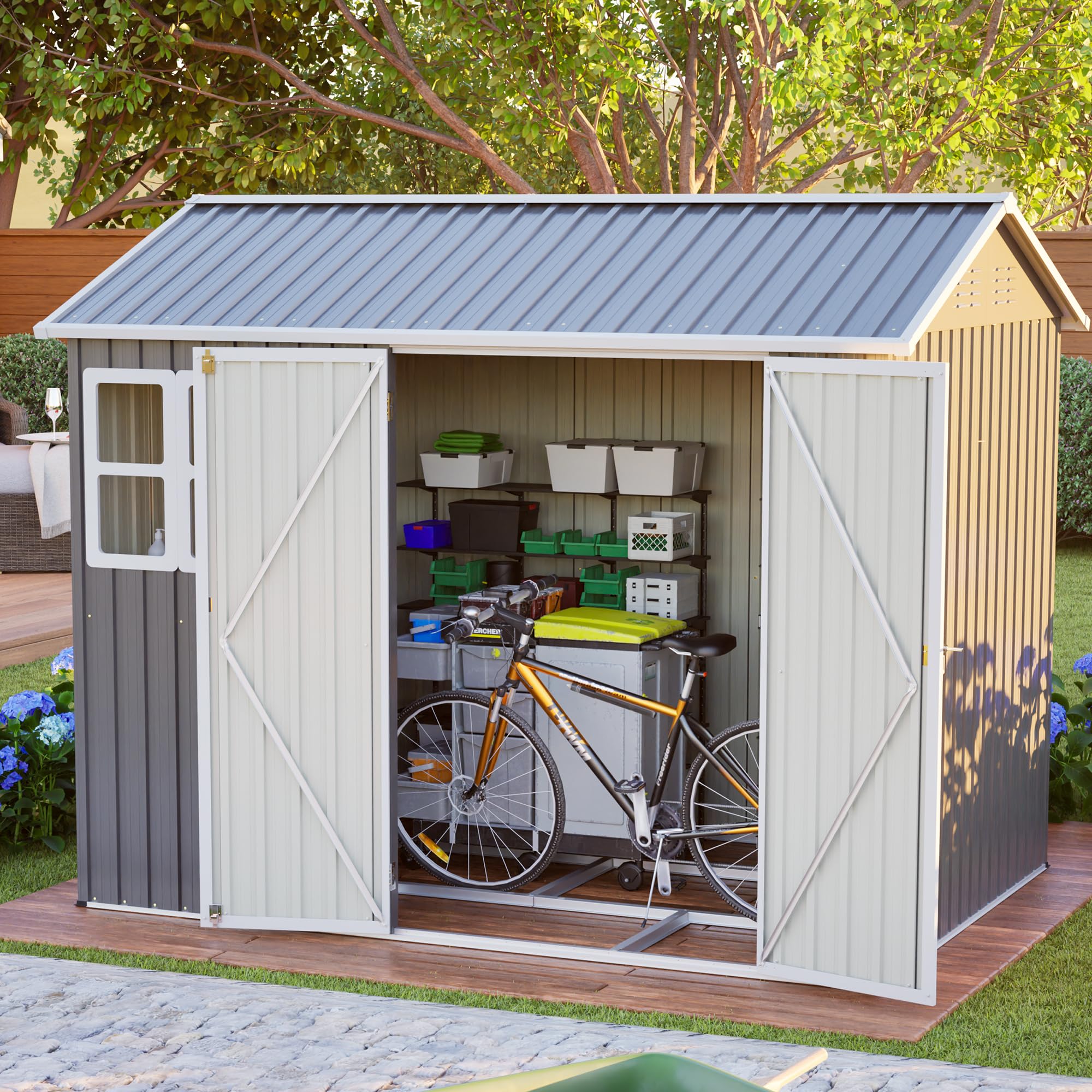 Thanaddo 8×6ft Gerätehaus Metall Groß Geräteschuppen 250x180x200cm mit Fundamentrahmen, Wetterfest Gartenhaus mit Fenster & Abschließbarer Tür, Gartenschuppen für Outdoor Garten Hinterhof, Grau
