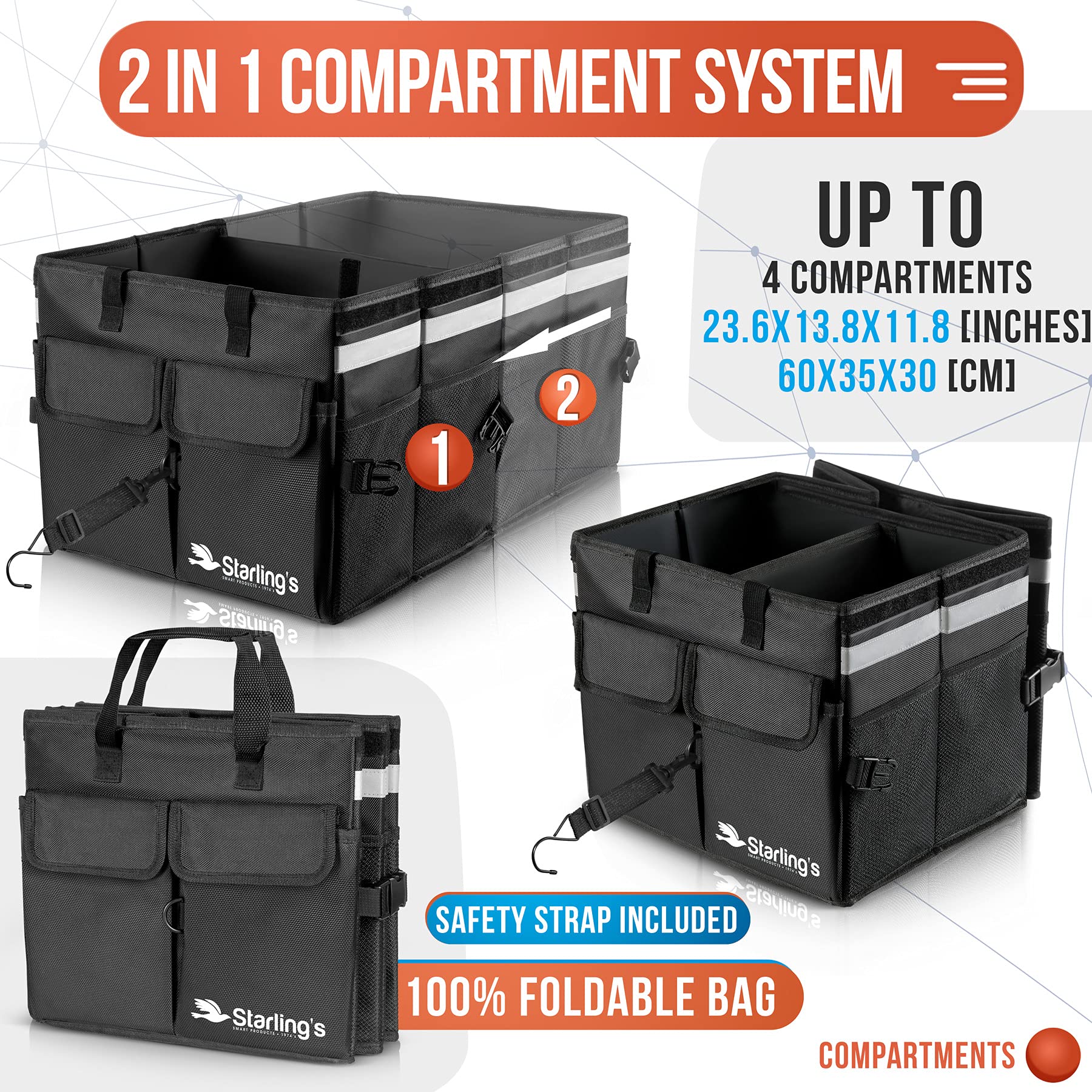 Starling's Organizador de maletero de coche, súper fuerte, caja de almacenamiento plegable para SUV, automóvil, camión, parte inferior antideslizante e impermeable, se adapta a cualquier vehículo (2
