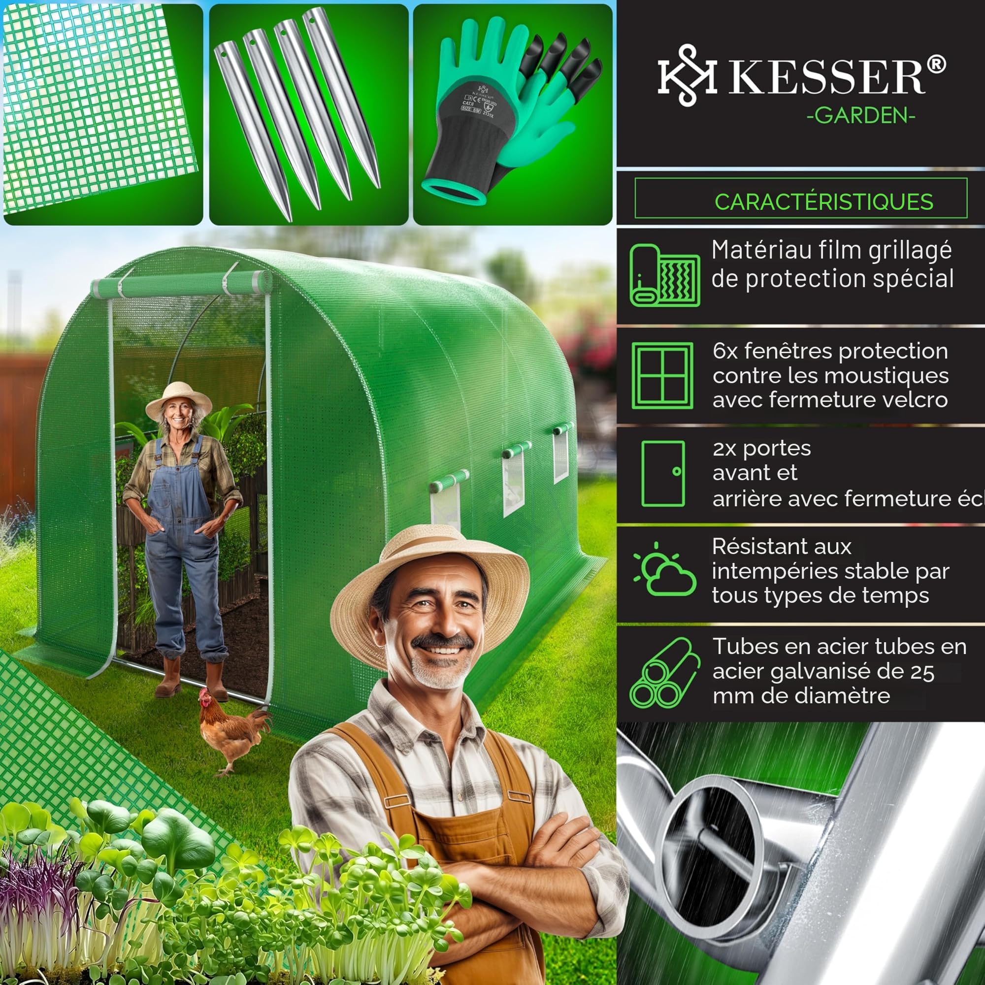 KESSER® Serre en film stable avec 6 fenêtres avec moustiquaire et porte | Tunnel de jardin avec cadre en acier galvanisé | Tunnel en film 170 g/m² avec piquets d'ancrage au sol gants et cordes | 200 x