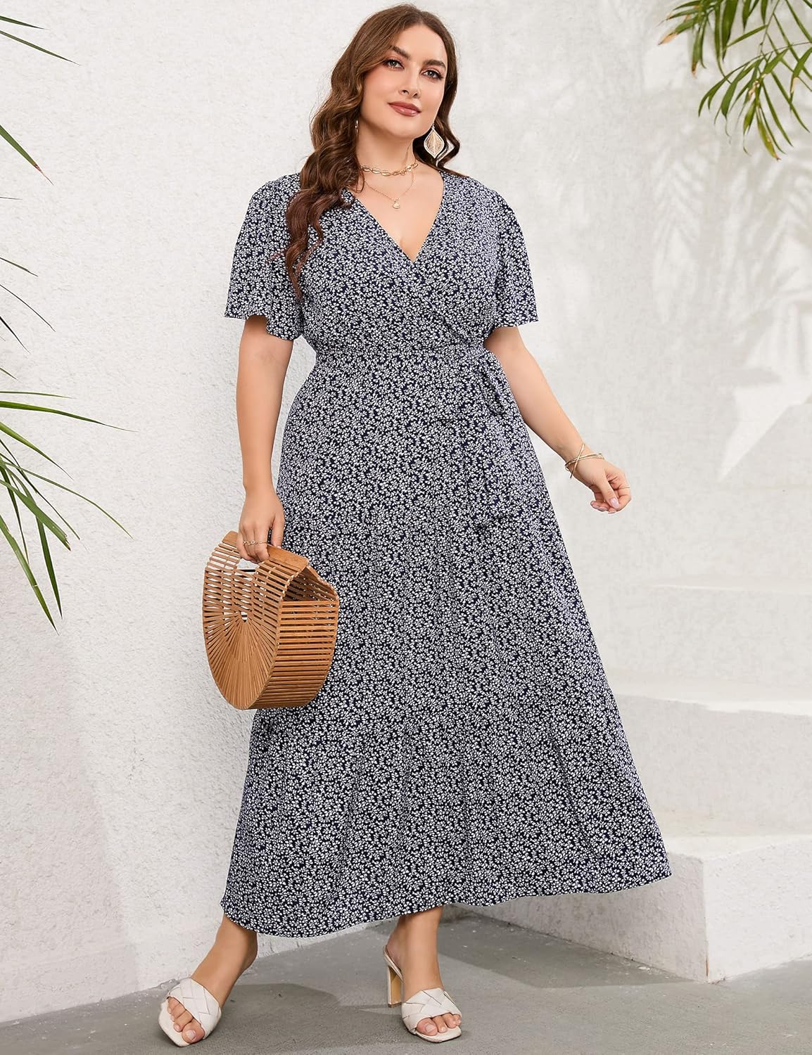 KOJOOIN Women Plus Size V Neck Wrap Maxi Dress Short Sleeves High Waist Ruffle Summer Casual Dress with Belt - Image 3