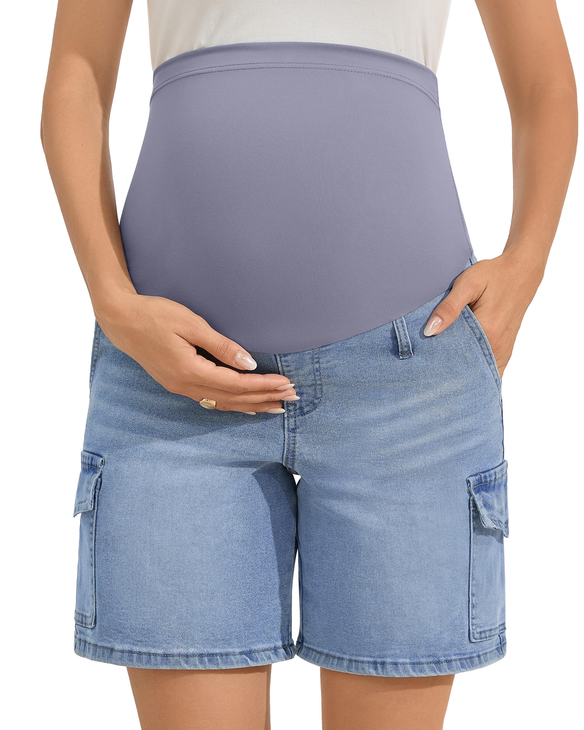 PACBREEZE Women's Maternity Jean Shorts Over Belly Stretch Denim Shorts Trendy Summer Pregnancy Clothes