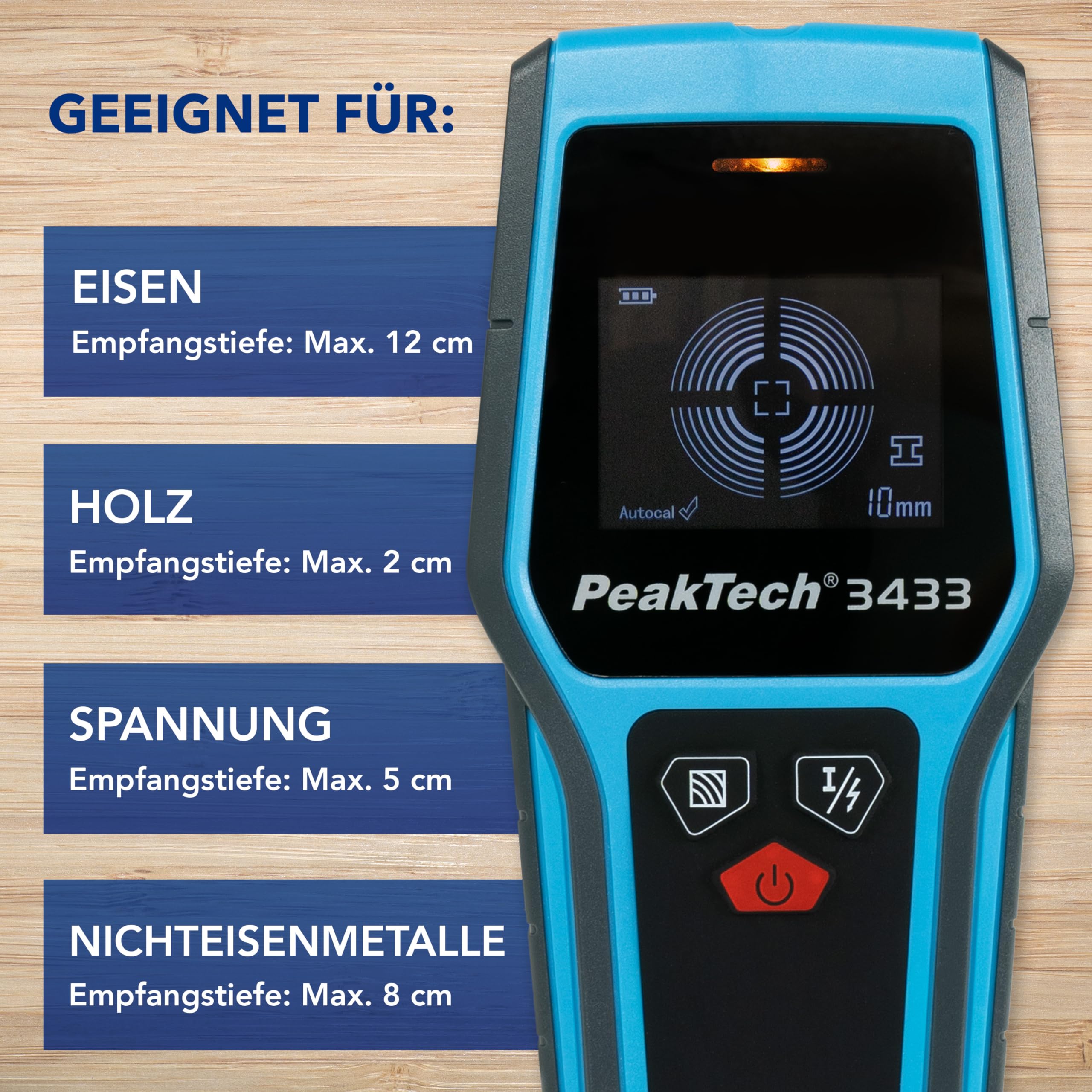 PeakTech P 3433 – Professionelles Leitungssuchgerät – Digitaler Leitungssucher für Stromleitungen, Metall, Balken und Holz – Leitungsfinder mit Selbstkalibrierung und LED-Anzeige – Wandscanner