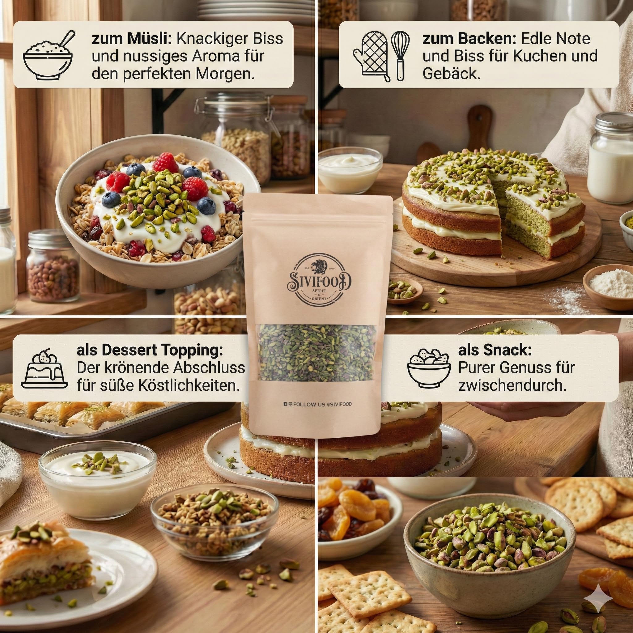 SIVIFOOD® Grob gehackte Pistazienkerne [250g] - Naturbelassene Pistazien gehackt in Premium Qualität – Gehackte Pistazien zum Backen, für Kuchen, Torten & Baklava