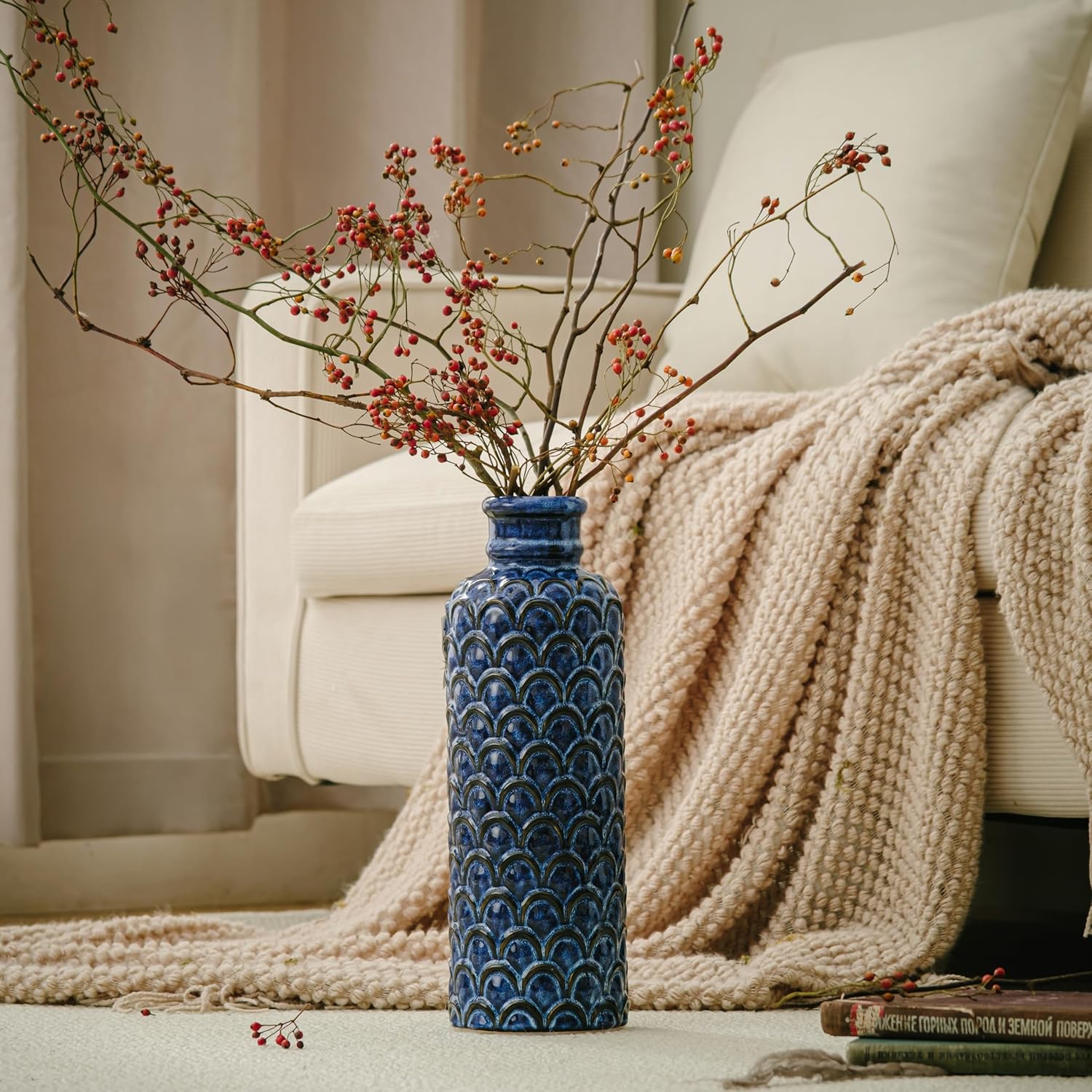 13.98” Tall Blue Ceramic Flower Vase, Large Rustic Farmhouse Decorative Vase for Home Decor, Centerpiece, Living Room, Bedroom, Kitchen