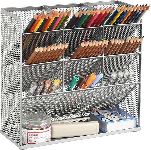 Marbrasse Mesh Desk Organizer, Multi-Functional Pen Holder, Pen Organizer for Desk, Desktop Stationary Organizer, Storage Rack for School Home Office Art Supplies (Silver)