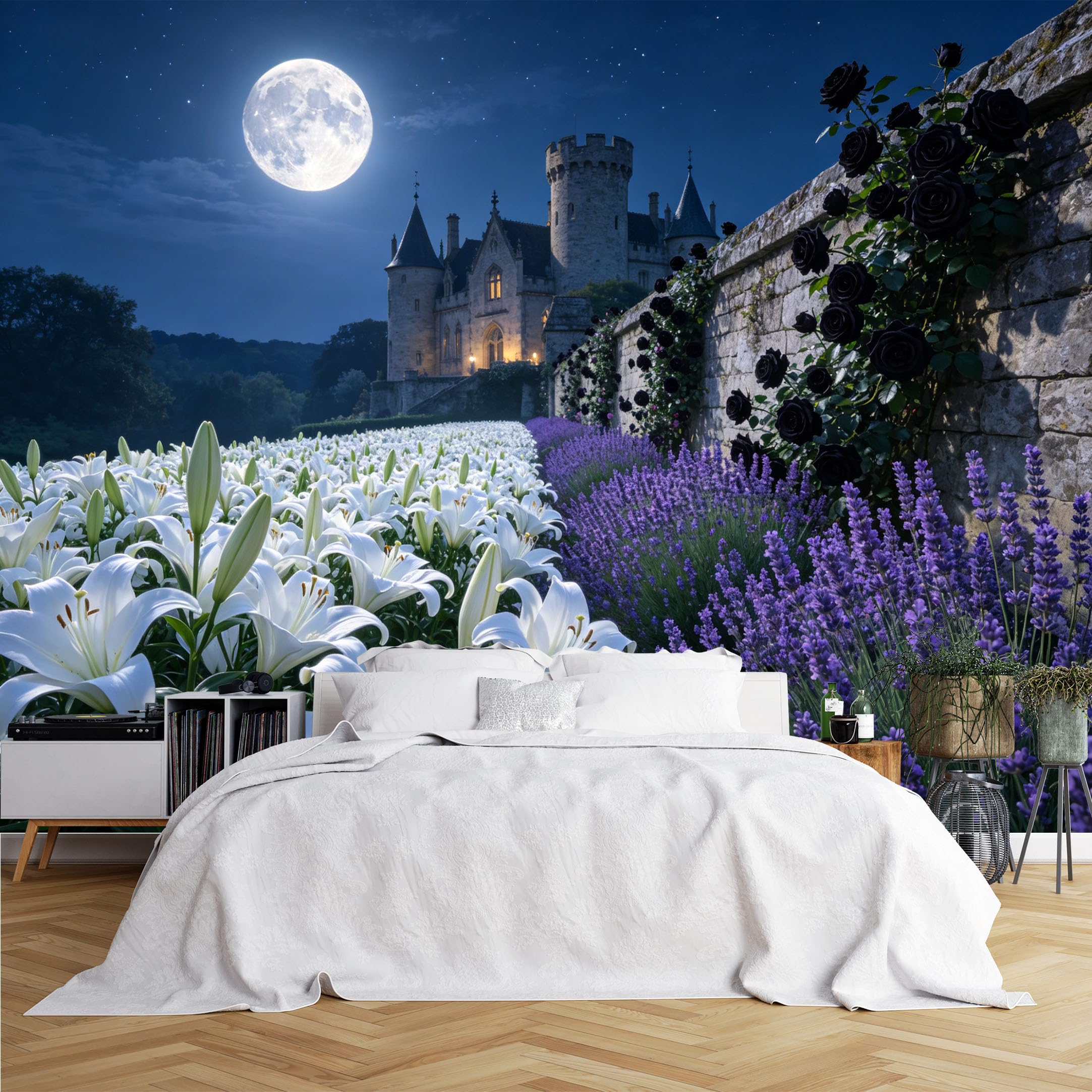 Lcythiazole Ch260615079 Custom Size Wall Murals Moon Castle White Lily Black Rose Lavender Wall Murals Wall Stickers Wallpaper Self-Adhesive Removable Wallpaper For Gothic Lobby